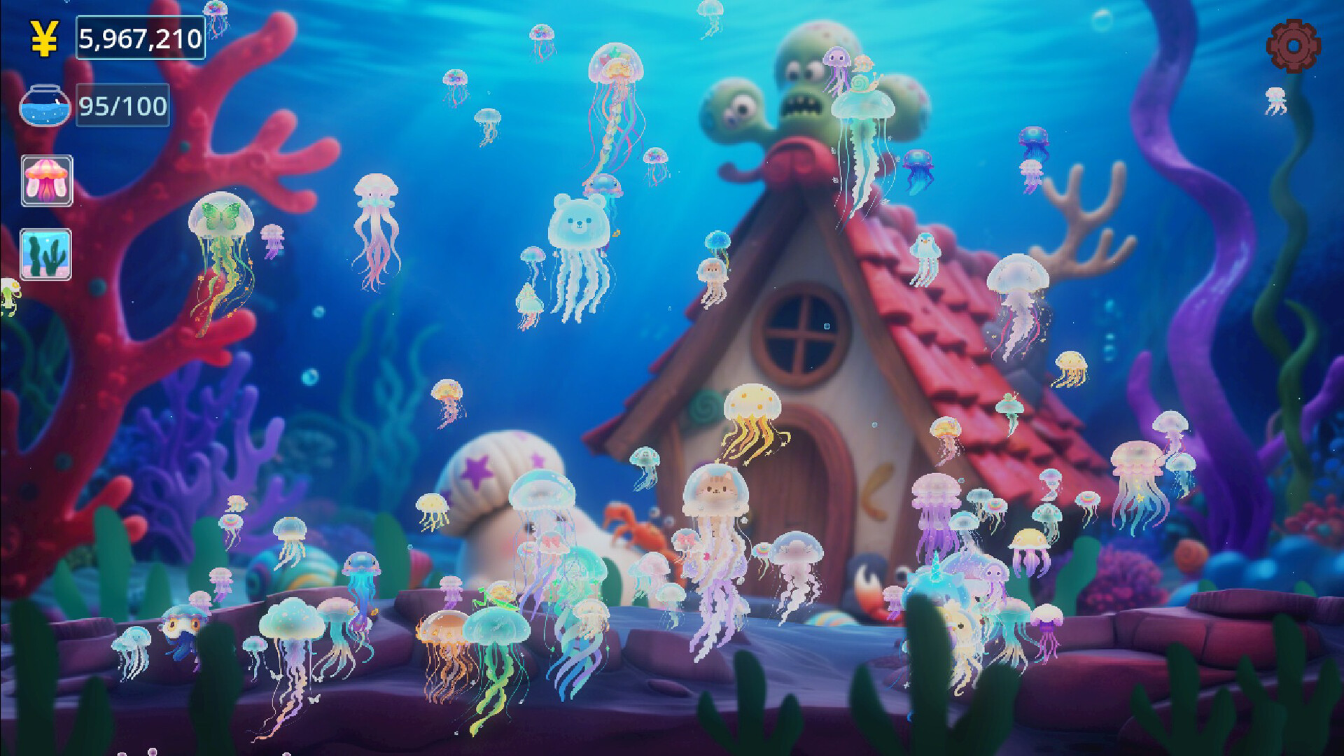 The image depicts a vibrant underwater scene filled with numerous colorful jellyfish, some of which have whimsical designs like animal faces or patterns on their bells. In the background, there is a quaint house with a red tiled roof and a circular window, surrounded by coral formations in shades of red, purple, and green. The water is a deep blue, giving a sense of depth, and soft light beams filter through, creating a magical and serene atmosphere. Various user interface elements suggest that this is a screenshot from a game or digital application.
