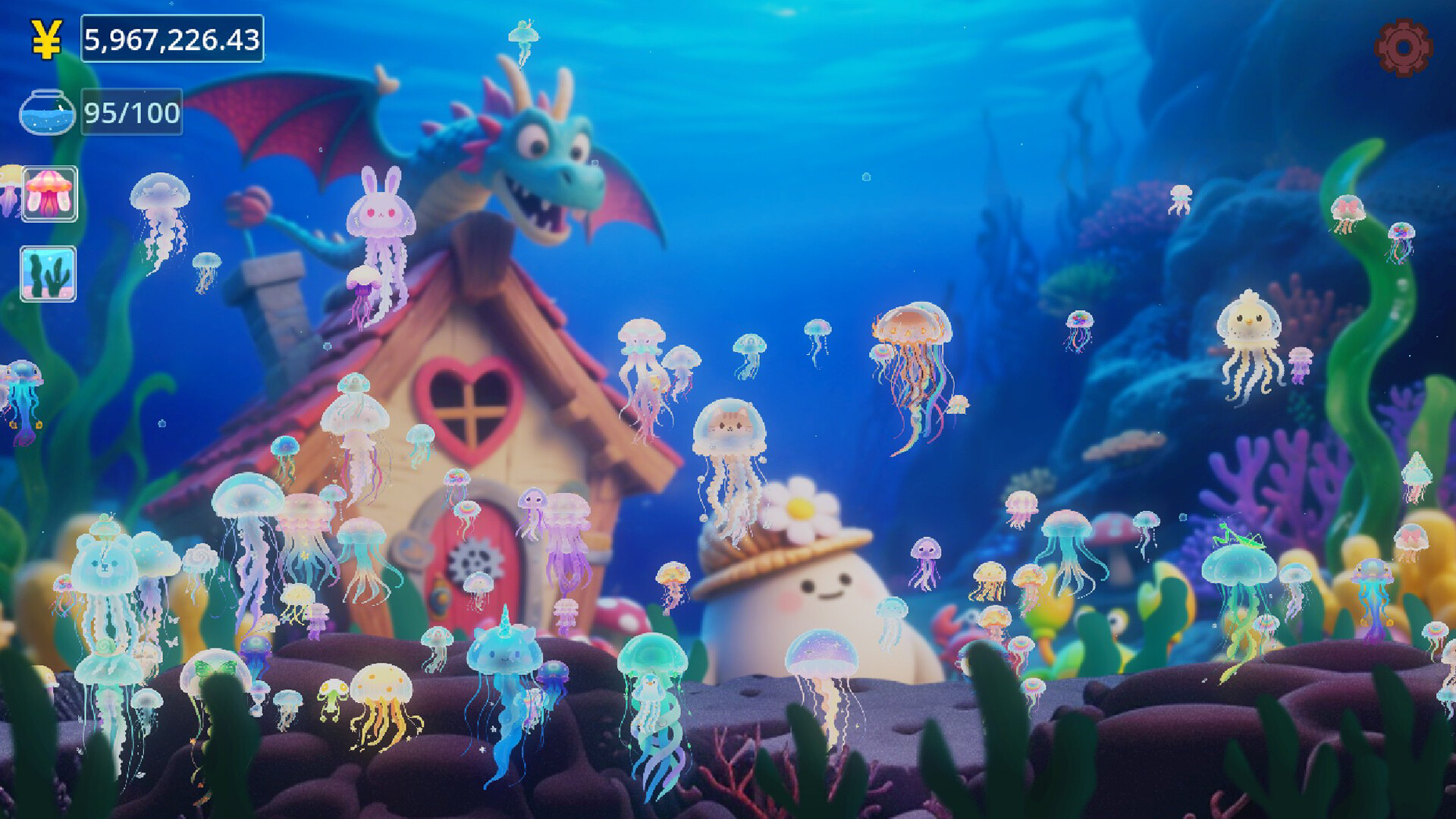 The image depicts an underwater scene filled with numerous colorful, glowing jellyfish, many of which have cute, whimsical faces, some resembling animals or fantasy creatures. In the background, there is a small, cozy house with a red roof and a heart-shaped window, and behind it, a friendly-looking blue dragon with red wings is perched. To the right, a large, smiling character wearing a straw hat with a white flower is partially visible, surrounded by vibrant coral and seaweed, creating a lively and charming aquatic environment.