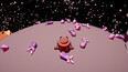 An orange robot stands on a small round beige moon, surrounded by purple creatures with large round purple and pink horns.