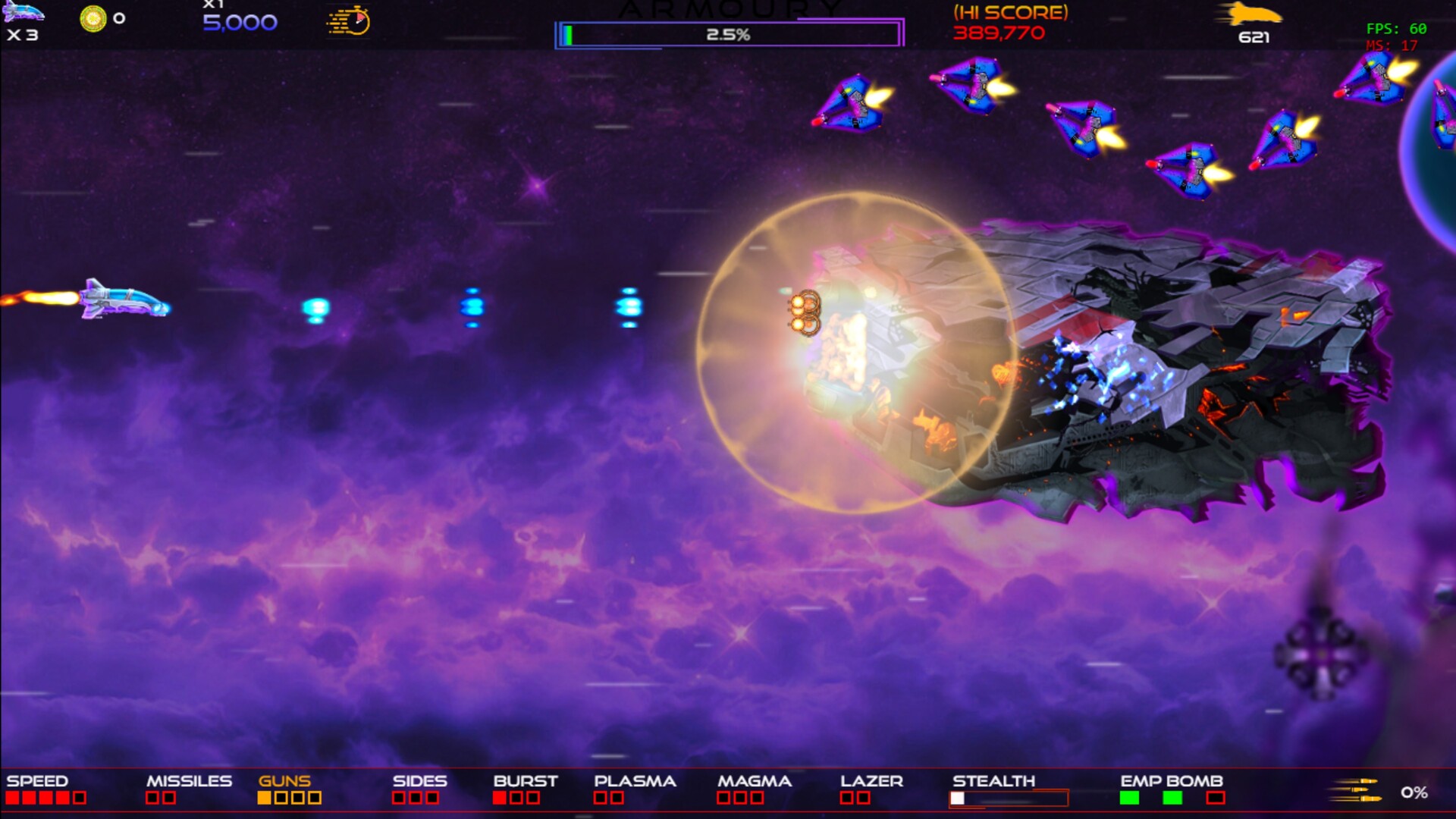 The image shows a vibrant outer space scene from a side-scrolling spaceship shooter video game. On the left, a sleek spaceship is firing a stream of bright blue projectiles towards the right, where a large, heavily damaged alien or mechanical space station is partially illuminated by an orange-yellow energy shield. Above the space station, a group of small triangular enemy ships with blue and purple coloring are flying in formation, firing yellow thruster flames. The background features a swirling purple nebula with hints of stars and cosmic clouds. Various game interface elements, including health bars, scores, and weapon statuses, are displayed along the top and bottom edges of the screen.