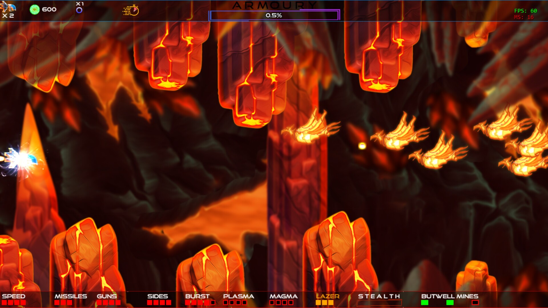 The image shows a side-scrolling video game scene set inside a fiery volcanic cavern with jagged, glowing orange rock formations hanging from the ceiling and rising from the floor. A small spacecraft or character emitting a blue-white glow is positioned on the left side, facing a group of five fiery, bird-like enemies flying toward it from the right. The background features dark, shadowy rock walls illuminated by molten lava flows, creating an intense and dangerous atmosphere. Various game interface elements, such as health bars, weapon status, and resource counters, are displayed along the top and bottom edges of the screen.