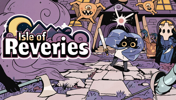 Official Isle of Reveries Steam capsule: Lief facing a white skull-masked figure in a blue robe before a purple night temple (desertcucco)
