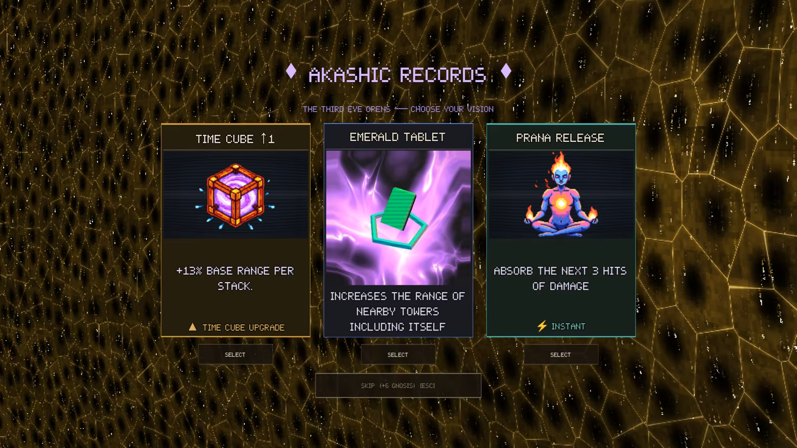 The Akashik Records displays three reward cards with their effects and selection buttons.