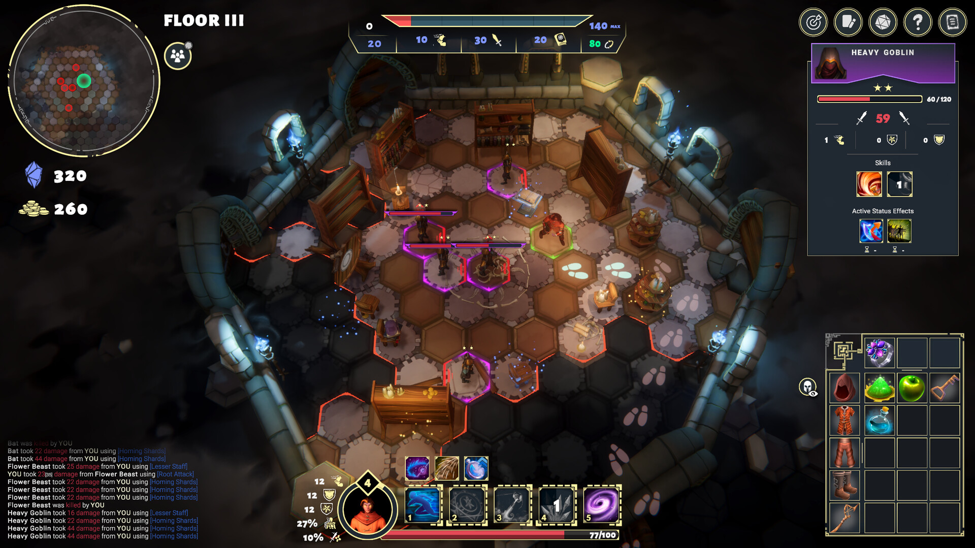 The image shows a top-down view of a hexagonal grid-based dungeon battle from a video game, with various characters and objects occupying the floor labeled "FLOOR III." The scene is set inside a small, enclosed room with stone walls and glowing blue torches at the corners. Several humanoid figures are positioned on hexagonal tiles, some highlighted with colored outlines indicating player or enemy units, including a prominent character identified as a "Heavy Goblin" whose health and stats appear on the right side of the screen. The interface displays a circular mini-map with red and green markers in the upper left corner, a resource count below it, and an inventory grid filled with items such as potions, weapons, and armor in the lower right corner. Multiple ability icons and status bars are arranged at the bottom, providing detailed gameplay information.