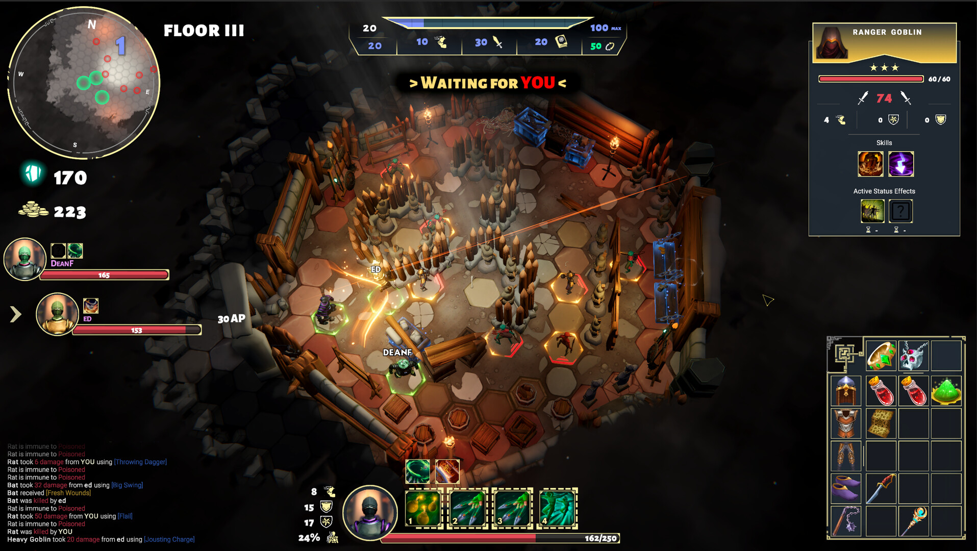 The image shows an overhead view of a hexagonal, dungeon-like battle arena with wooden barricades, crates, and scattered debris. Several small characters with green and red health indicators are positioned on the hex tiles, with some engaging in combat, while a character named "DEAN F" and "ED" are highlighted with green hex outlines. The screen displays game interface elements including player stats, inventories, skill icons, and a minimap in the top left corner labeled "FLOOR III." A status box on the right identifies a "Ranger Goblin" enemy with health, attack values, and active skills. Text in the center reads "> WAITING FOR YOU <," indicating it is the player's turn or awaiting input.