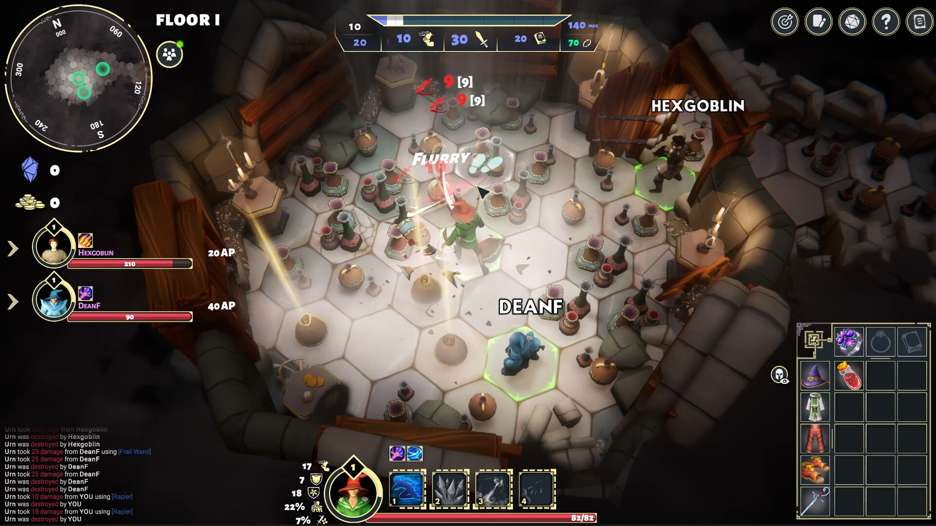 The image shows a top-down view of a hexagonal grid-based dungeon floor filled with numerous pottery vases scattered around. Two characters, labeled "HEXGOBLIN" and "DEANF," are positioned on different hexes, with DEANF appearing in the middle of the action surrounded by glowing effects marked "FLURRY," indicating an attack or skill use. The dungeon walls are made of stone, with broken wooden doors and lit candles mounted on stone pedestals, creating a dimly lit atmosphere. Various game interface elements surround the screen, including health and ability bars for both characters, an inventory grid showing items like a wizard hat and shoes, and a mini-map in the top left corner showing the dungeon layout and player positions. Damage numbers and combat logs are visible, indicating ongoing combat interactions.
