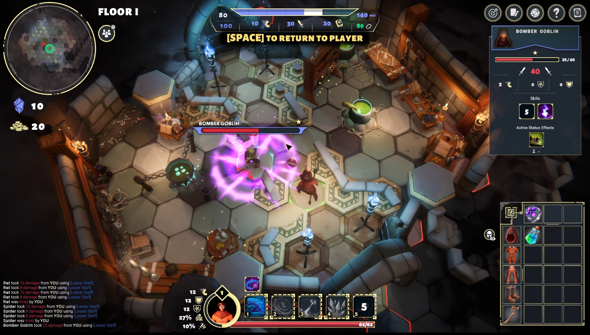 The image shows a top-down view of a hexagonal-tiled dungeon room in a fantasy video game, where a character in a red robe is engaged in combat with a "Bomber Goblin." The goblin is surrounded by a glowing purple magical effect, indicating an active attack or ability, and both characters have health bars displayed above them. The room contains various medieval-themed items including tables with potions and scrolls, a bubbling green cauldron, and wall-mounted torches emitting blue and orange flames. The game interface includes a mini-map in the top left, character stats and abilities along the bottom, and detailed information about the Bomber Goblin on the right side of the screen.