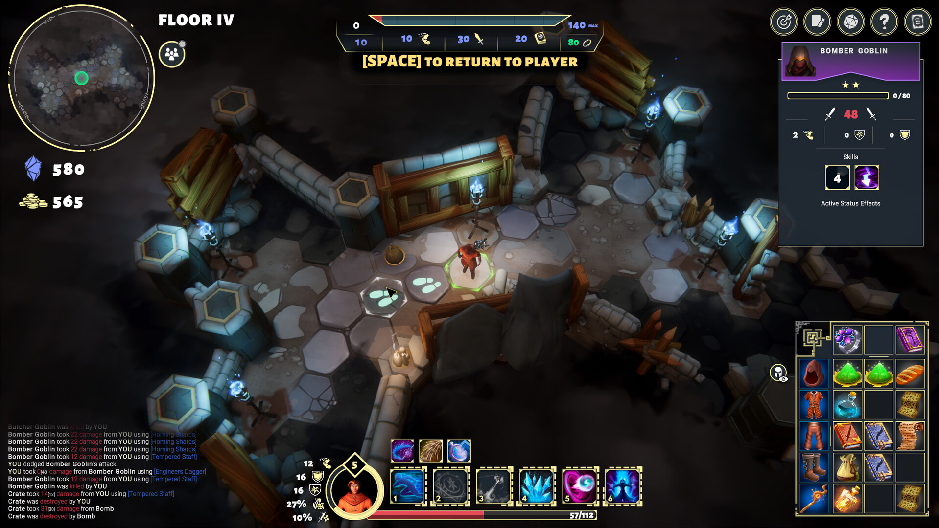 The image shows a top-down view of a fantasy dungeon game interface on Floor IV. The player character, highlighted by a green hexagonal outline, stands on a stone-tiled floor surrounded by wooden barriers and blue-lit torches mounted on stone pillars. To the right, a sidebar displays details of an enemy labeled "Bomber Goblin," including health, attack stats, and skills. The lower part of the screen features a hotbar with various magical spells and abilities, while the bottom-right corner shows the player's inventory grid filled with items such as potions, scrolls, and gear. A circular mini-map in the top-left corner indicates the player’s position within the dungeon.