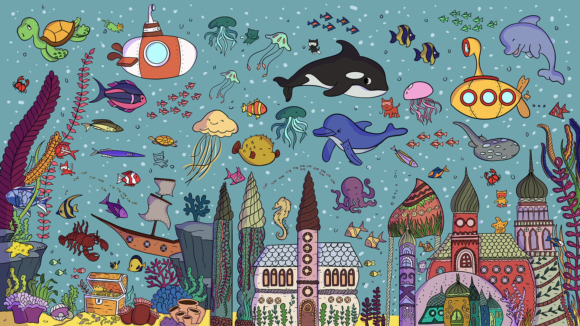 The image depicts a vibrant, whimsical underwater scene filled with a variety of colorful sea creatures, including turtles, jellyfish, dolphins, an orca, fish of different shapes and sizes, an octopus, lobsters, and a stingray. Among the marine life are two submarines, one orange and white and the other yellow with red windows, and a sunken pirate ship near the center-left. At the bottom, there is a fantastical underwater city featuring ornate, onion-shaped domed buildings adorned with plants and seaweed, surrounded by coral reefs, sea anemones, treasure chests, and clusters of seashells. The entire composition is playful and detailed, with an array of small fish and underwater plants scattered throughout a blue ocean background.