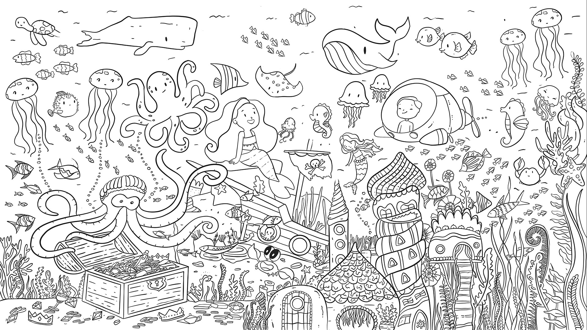 The image depicts a lively underwater scene filled with various sea creatures, aquatic plants, and imaginative elements. At the center, a large octopus with a crown holds open a treasure chest filled with jewels, surrounded by fish, jellyfish, seahorses, and a turtle. Two mermaids are perched on and near a sunken pirate ship adorned with a skull-and-crossbones flag, while a person inside a small submarine explores nearby. Tall, whimsical coral structures and seaweed cover the ocean floor alongside scattered objects like crowns, a crab, and shells, creating a vibrant and playful underwater world.
