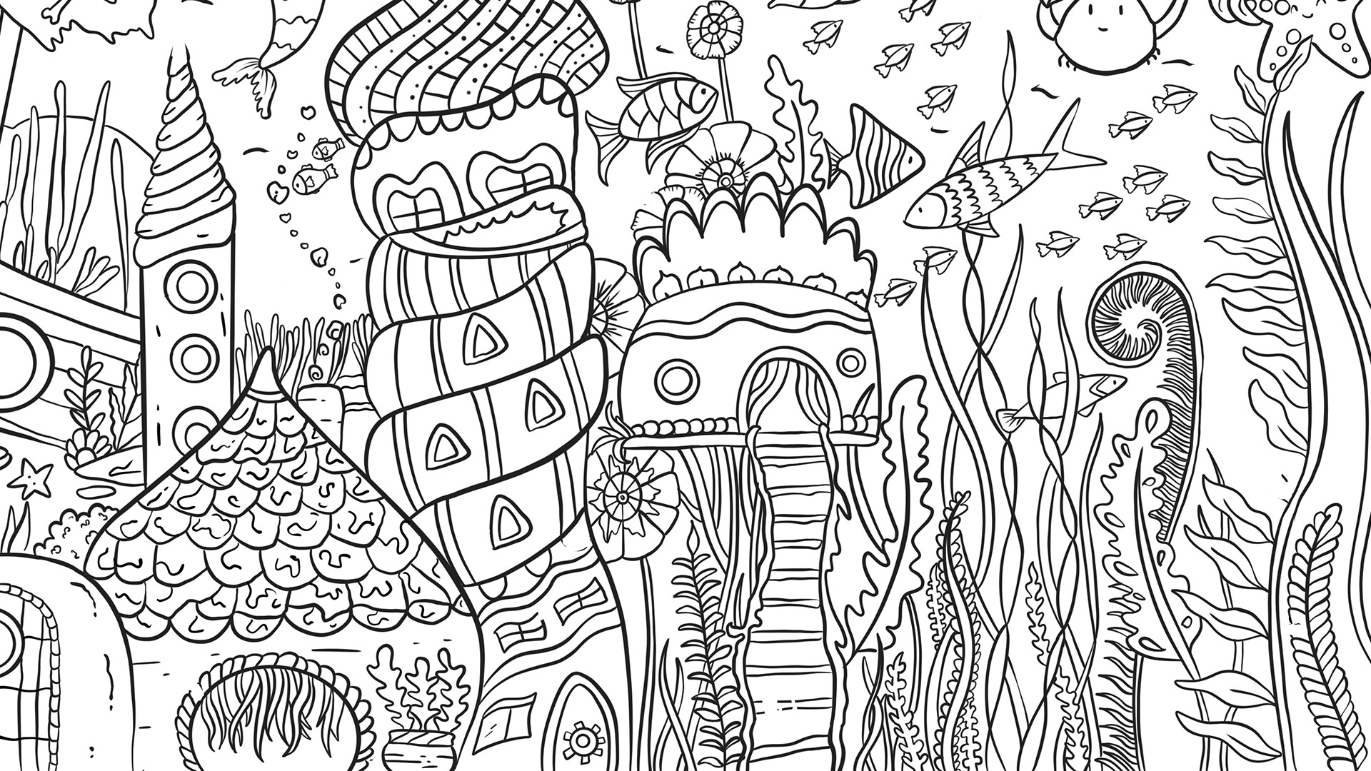 The image depicts an intricate underwater scene filled with whimsical, house-like structures resembling coral or sea sponges, adorned with various patterns such as scalloped shingles, stripes, and geometric shapes. Surrounding these structures are numerous aquatic plants and tall seaweed fronds that stretch vertically across the scene, interspersed with small fish swimming among them. Additional marine details include a starfish, a crab, and schools of small fish, all contributing to a lively underwater environment rich in organic shapes and textures.