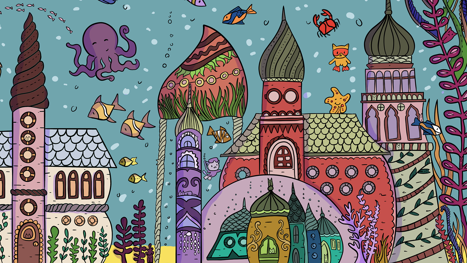 The image depicts an underwater scene featuring a whimsical, colorful cityscape with buildings that have domed and pointed roofs resembling onion domes and whimsical towers. Various marine life, including fish of different shapes and colors, a purple octopus, a red crab, and a yellow starfish, swim and float around the buildings. The background is a light blue with bubbles, adding to the underwater ambiance, while seaweed and coral plants surround the structures, enhancing the aquatic environment.