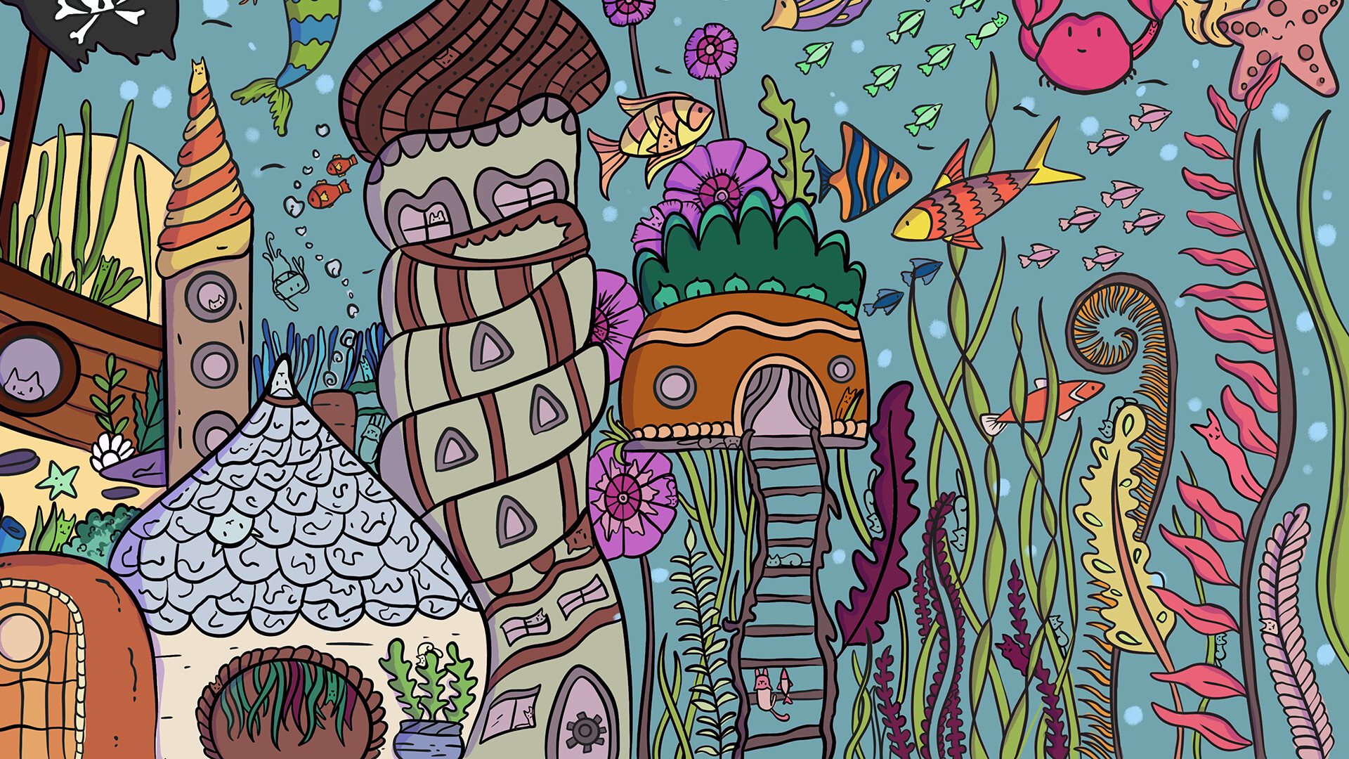 The image depicts a whimsical underwater scene featuring various colorful, cartoon-style sea creatures and structures that resemble houses made from shells and sea plants. Fish of different shapes and patterns swim around tall, vibrant aquatic plants and anemones, while starfish and crabs add to the lively environment. Among the elements are spiral shell towers and dome-shaped dwellings with windows and doors, some with ladders leading up, blending natural underwater features with imaginative architecture.