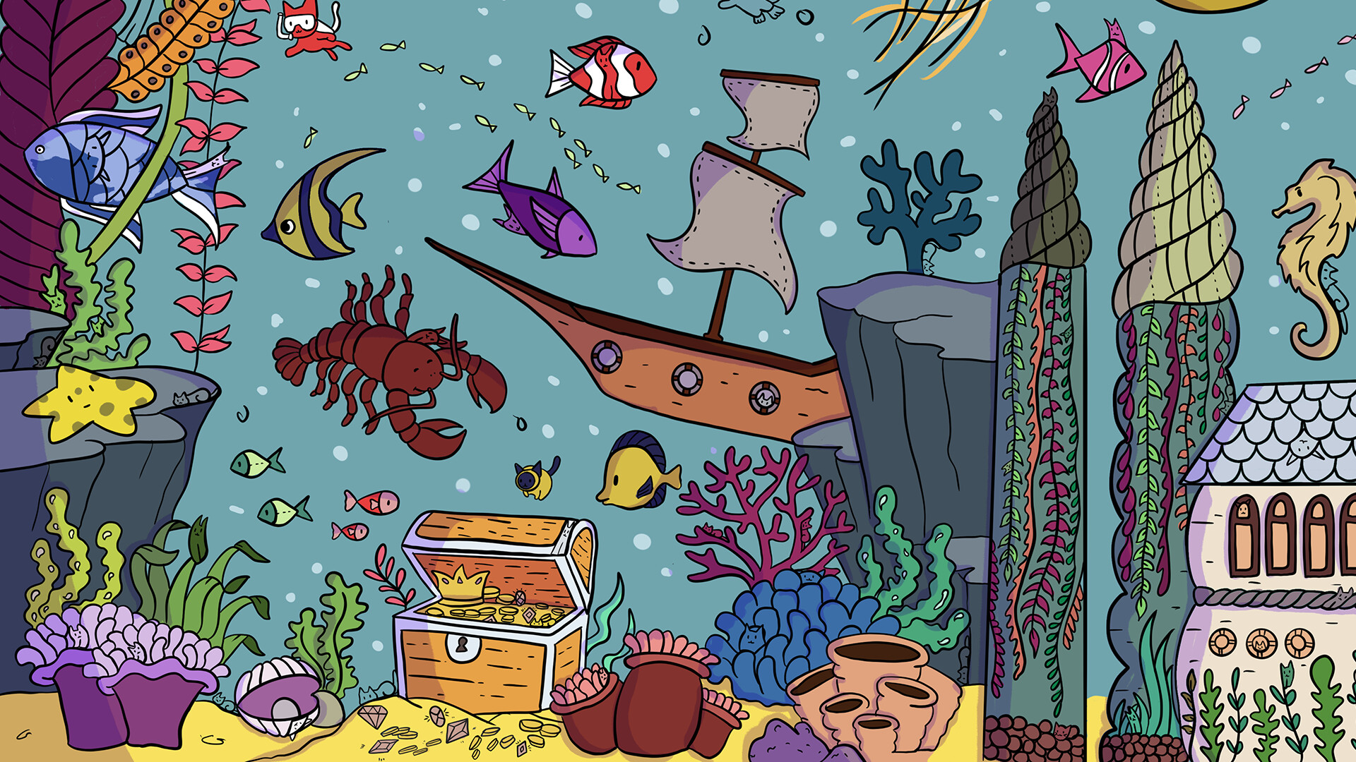 The image depicts a colorful underwater scene filled with various marine life and objects. There are multiple fish of different colors and shapes swimming around a sunken wooden ship with sails, as well as a large red lobster near an open treasure chest overflowing with gold coins and a crown. The seabed is adorned with vibrant coral reefs, sea plants, seashells, and an animated starfish, along with a whimsical house and two large spiral seashells covered in seaweed. A seahorse floats near the right side, adding to the lively ocean environment.