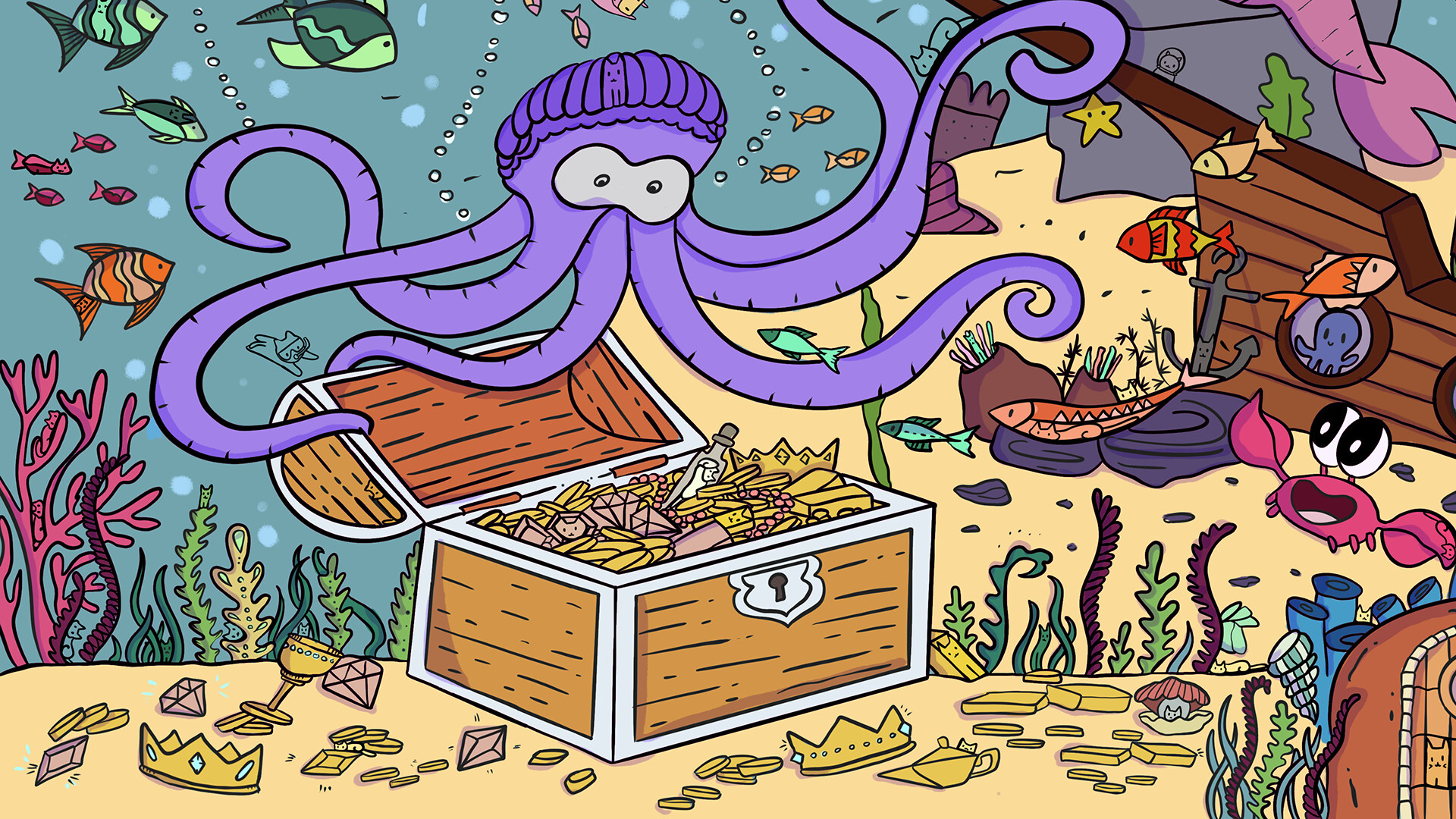 The image depicts a colorful underwater scene featuring a large purple octopus wearing a snorkel mask, reaching into an open treasure chest overflowing with gold coins, crowns, jewels, and other treasures. Surrounding the octopus and chest are various vibrant fish swimming, sea plants, coral, and underwater objects like a broken treasure chest and anchor. In the foreground, a pink crab with large eyes appears surprised or excited near scattered gold coins and gems on the sandy ocean floor.