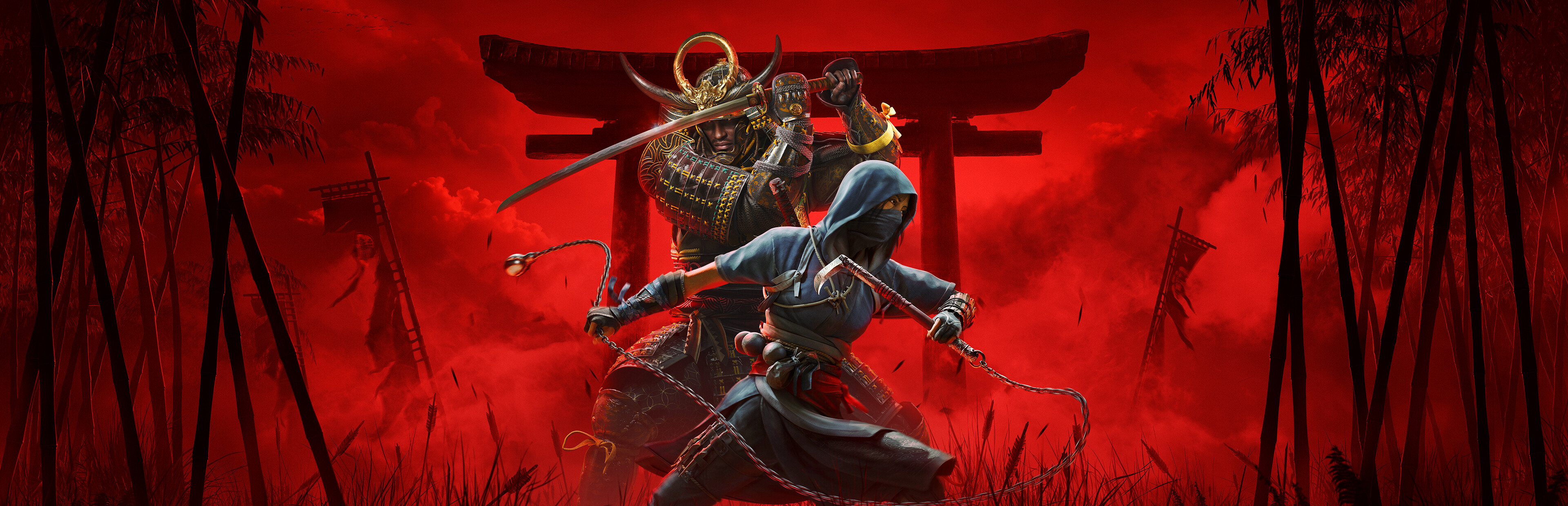Official Assassin’s Creed Shadows key art showing Naoe and Yasuke before choosing stealth or combat settings
