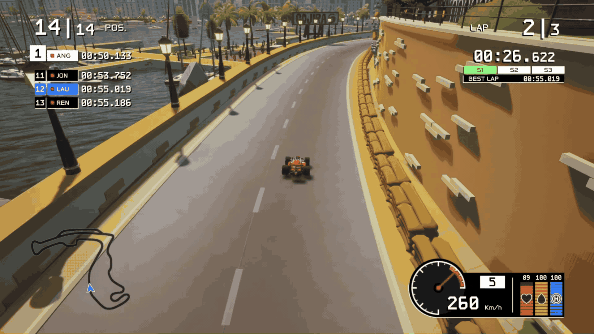 Formula Legends gameplay: Xe đua trên đường đua bến cảng với giao diện game.