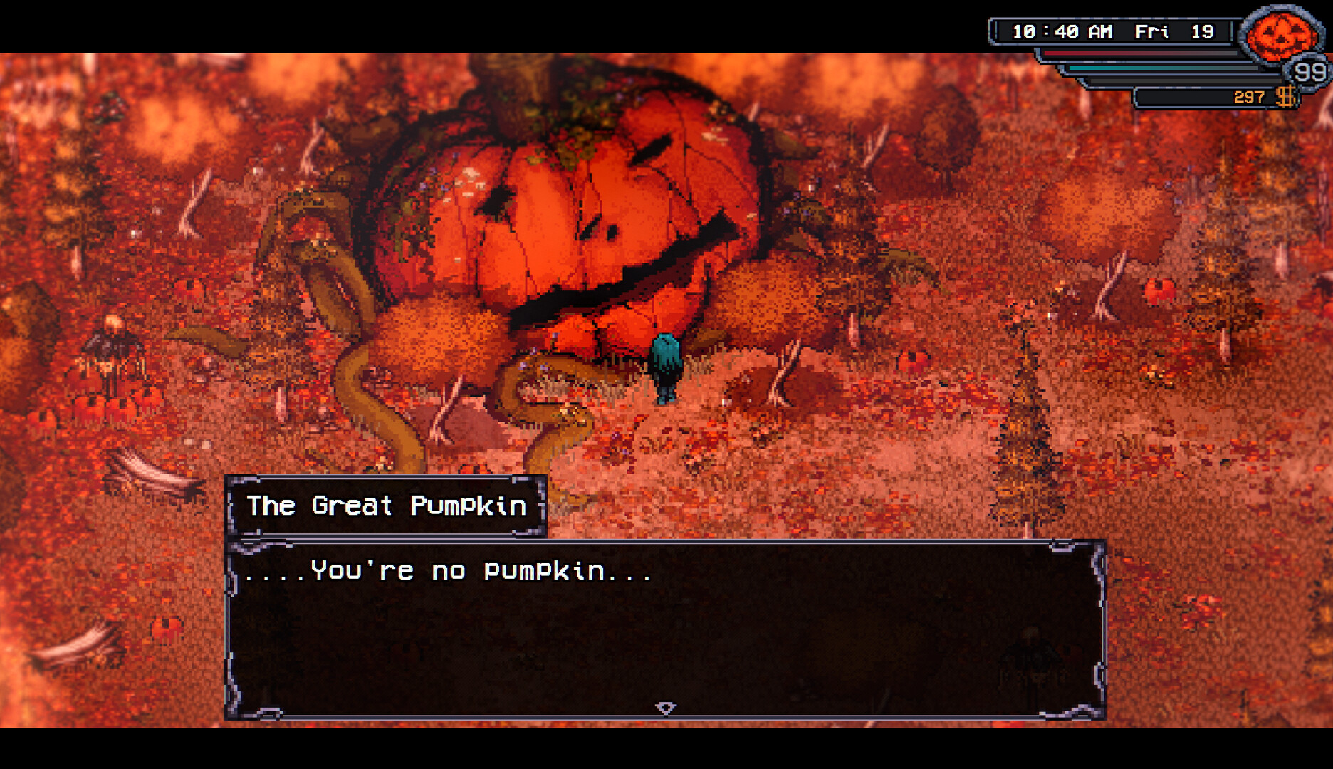 Welcome to Elderfield 農場で「The Great Pumpkin」と遭遇する探索シーン
