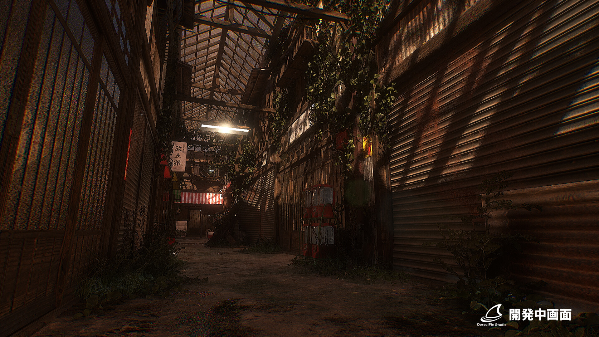 Okugafuchi Shopping Arcade - Suasana lorong gelap dengan poster lusuh