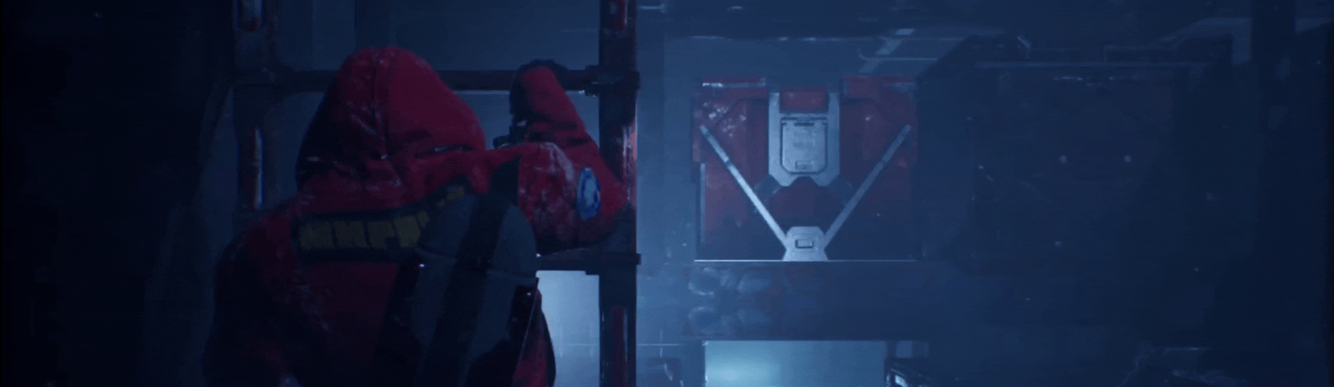 Người chơi leo thang trong khu vực hẹp với thùng hàng màu đỏ The Black Ice