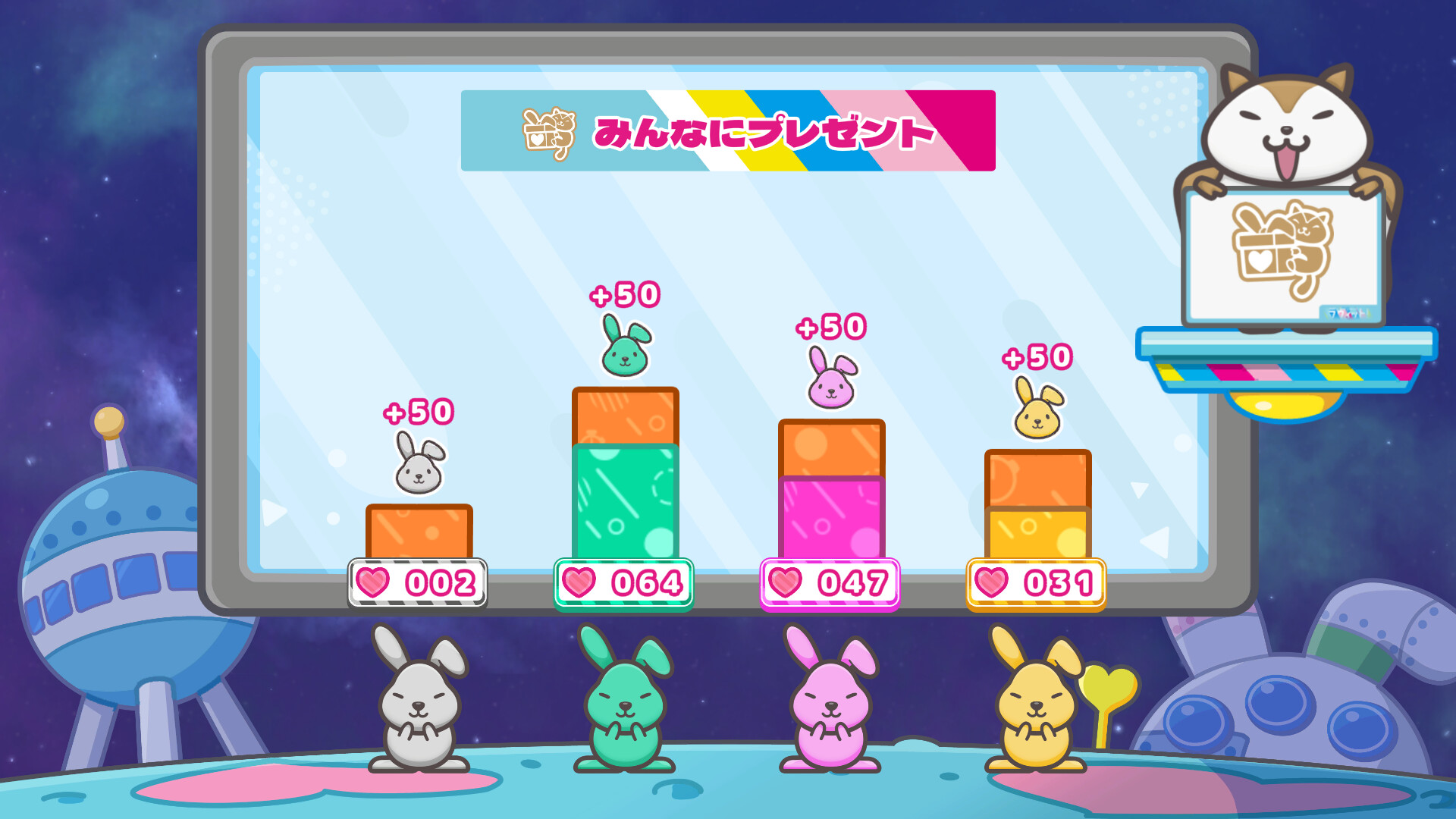 The image shows a colorful, animated scene featuring four cartoon rabbits in white, teal, pink, and yellow, each sitting in front of a corresponding bar chart displayed on a large screen. Each bar chart is made up of stacked orange and colored blocks, with the rabbits' heads placed on top along with a '+50' label in pink. Below each bar, there is a heart icon followed by a numerical value: 002 for the white rabbit, 064 for the teal rabbit, 047 for the pink rabbit, and 031 for the yellow rabbit. In the top right corner, a cartoon dog character holds a sign with a gift box logo, while the background depicts a space-like setting with futuristic buildings and a starry sky. The top of the screen displays a colorful banner with Japanese text.