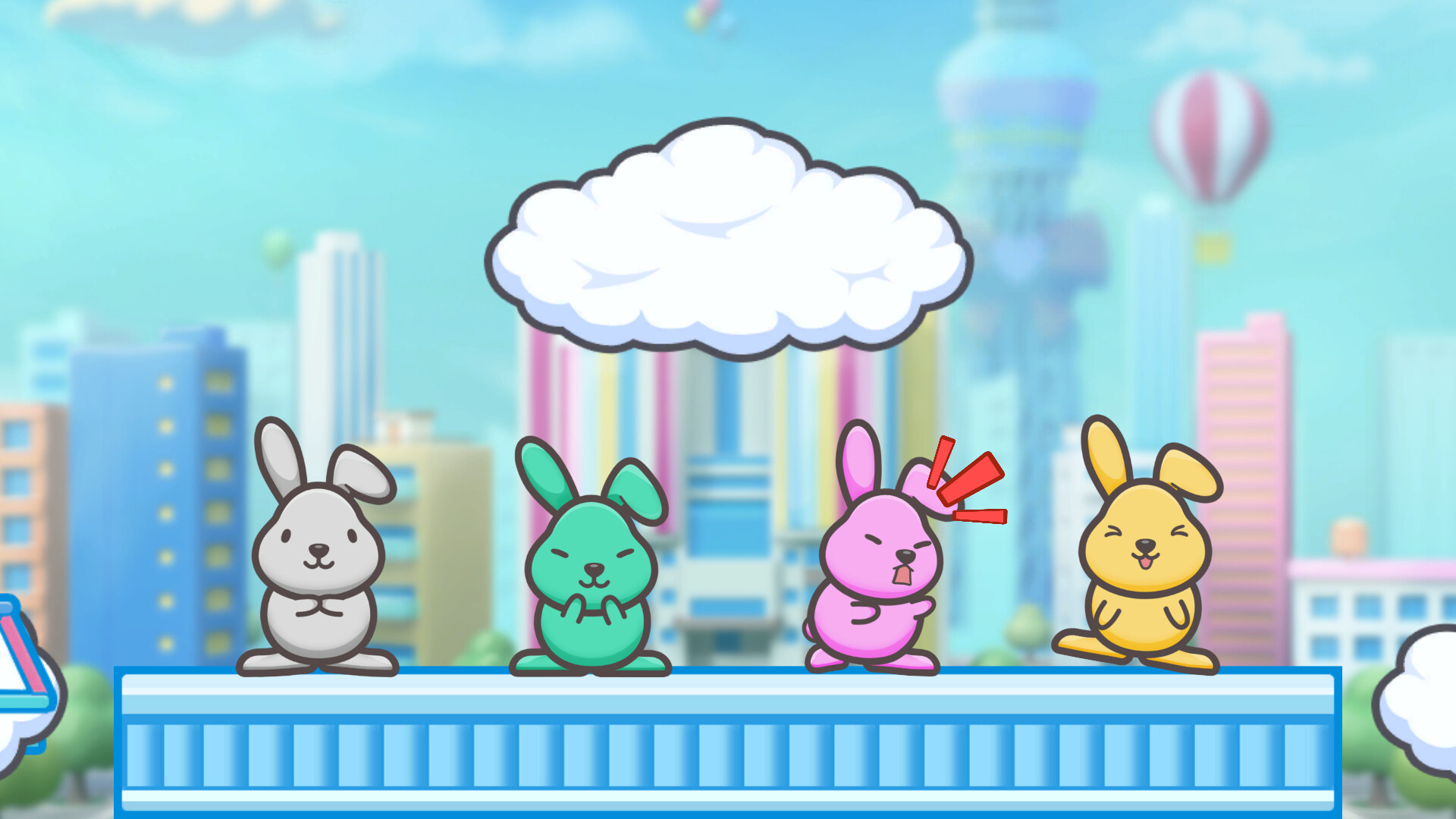 The image shows four cartoon-style bunnies standing on a blue platform with a cityscape in the background, featuring tall buildings and a hot air balloon in the sky. From left to right, the bunnies are colored gray, green, pink, and yellow. The pink bunny has red lines near its ear, indicating it is either in pain or surprised, while the other bunnies display calm or content expressions. Above them, a large fluffy white cloud floats against a bright blue sky.