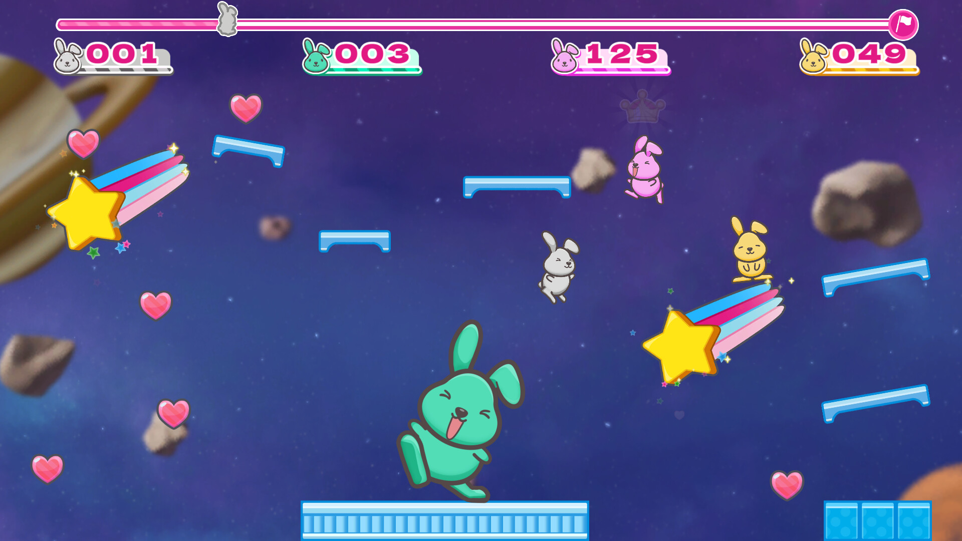 The image shows a colorful video game scene set in outer space with a starry purple background and floating asteroids. Four cartoonish bunny characters in different colors-green, gray, pink, and yellow-are scattered across the screen, interacting with blue platforms and large yellow stars that leave rainbow-colored trails. Pink heart icons are floating throughout the scene, and a score display with matching bunny icons and numbers appears at the top, indicating the players' current points.