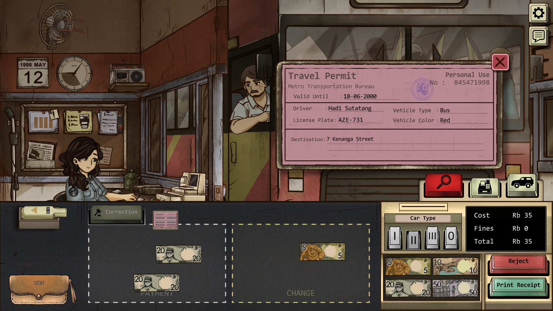 Tampilan gameplay pemeriksaan dokumen di game 1998 The Toll Keeper Story buatan GameChanger Studio