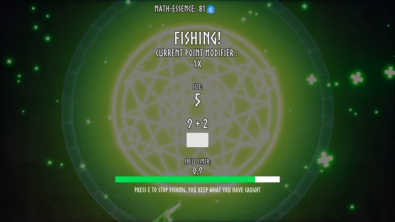 Modo de juego mostrando la mecánica de pesca con ecuaciones