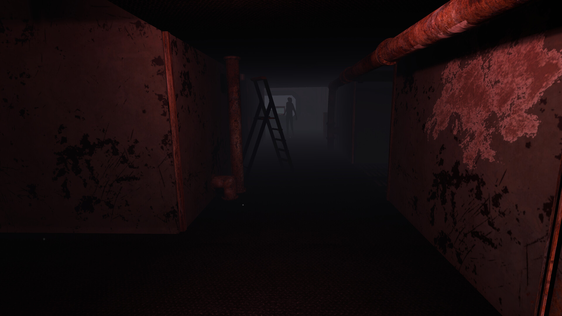 The image depicts a dark, narrow corridor with rusty, reddish-brown walls and pipes running along the ceiling. The floor and surroundings are dimly lit, creating an eerie atmosphere. In the distance, partially obscured by shadows and mist, stands a faint silhouette of a humanoid figure, adding a sense of mystery and tension to the scene. A ladder leans against a wall on the left side, and the walls show signs of peeling paint and decay.