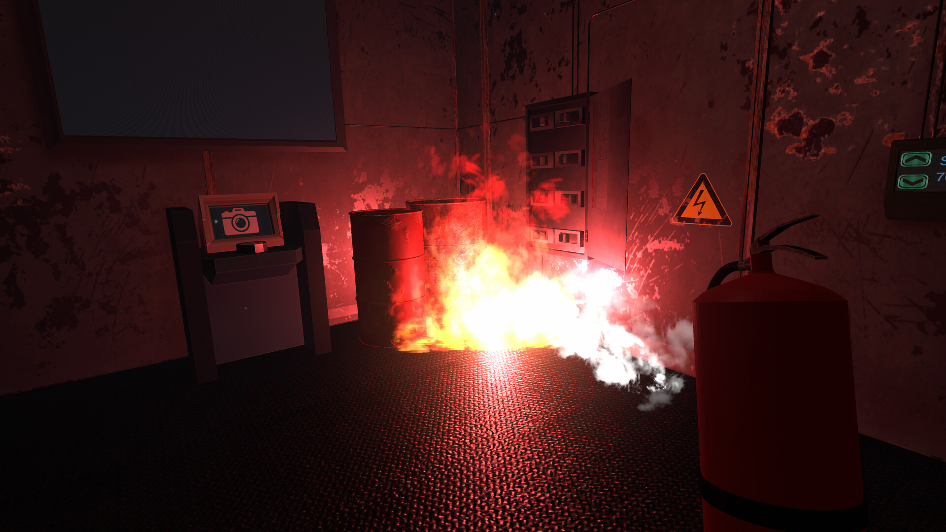 The image shows a room with a small fire burning intensely near two black barrels and an open electrical panel mounted on a grungy, rust-stained wall. Bright orange flames and white smoke are clearly visible, casting a red glow onto the surrounding area. In the foreground, a red fire extinguisher is positioned, ready for use, and a yellow electrical hazard warning sign is affixed to the wall near the fire. The overall scene suggests a hazardous situation with the potential for electrical and fire danger.