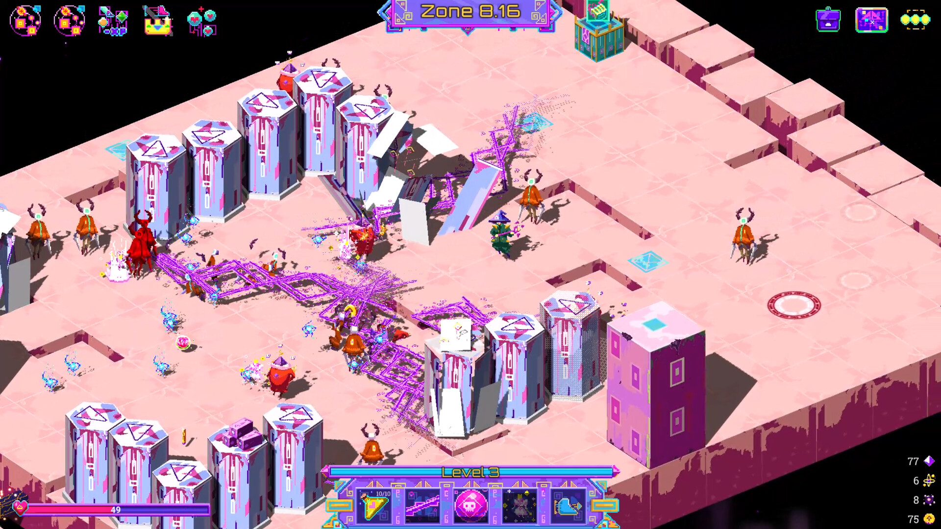 The image shows a bright, stylized video game screenshot with a top-down isometric view of a pink-tiled arena labeled "Zone 8.16" at the top center. There are several tall, hexagonal columns arranged in clusters, some of which appear to be breaking apart or exploding with purple particle effects. Small humanoid enemies with horned helmets wearing orange cloaks are scattered around the area, along with a few larger red and green characters. The bottom of the screen displays a user interface with health and level indicators, as well as various ability icons, suggesting an action or strategy game in progress.