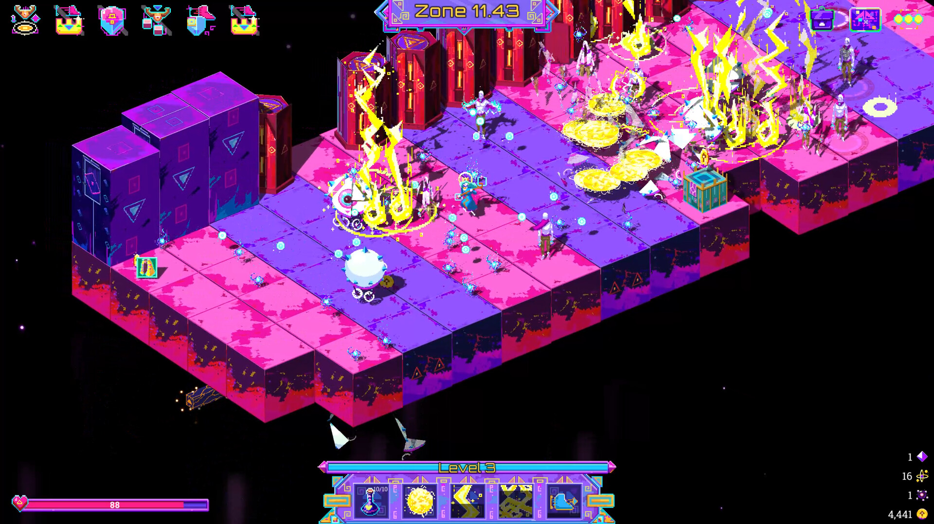 The image shows a colorful isometric video game scene set on a floating platform composed of pink, purple, and red square tiles with various geometric patterns. Multiple humanoid characters and robotic figures are scattered across the platform, engaged in what appears to be a battle, with bright yellow lightning effects and glowing blue orbs illuminating the area. The interface displays a "Zone 11.43" label at the top center, a health bar labeled "Level 3" at the bottom, and several icons and stats around the edges, indicating the player's abilities and resources.