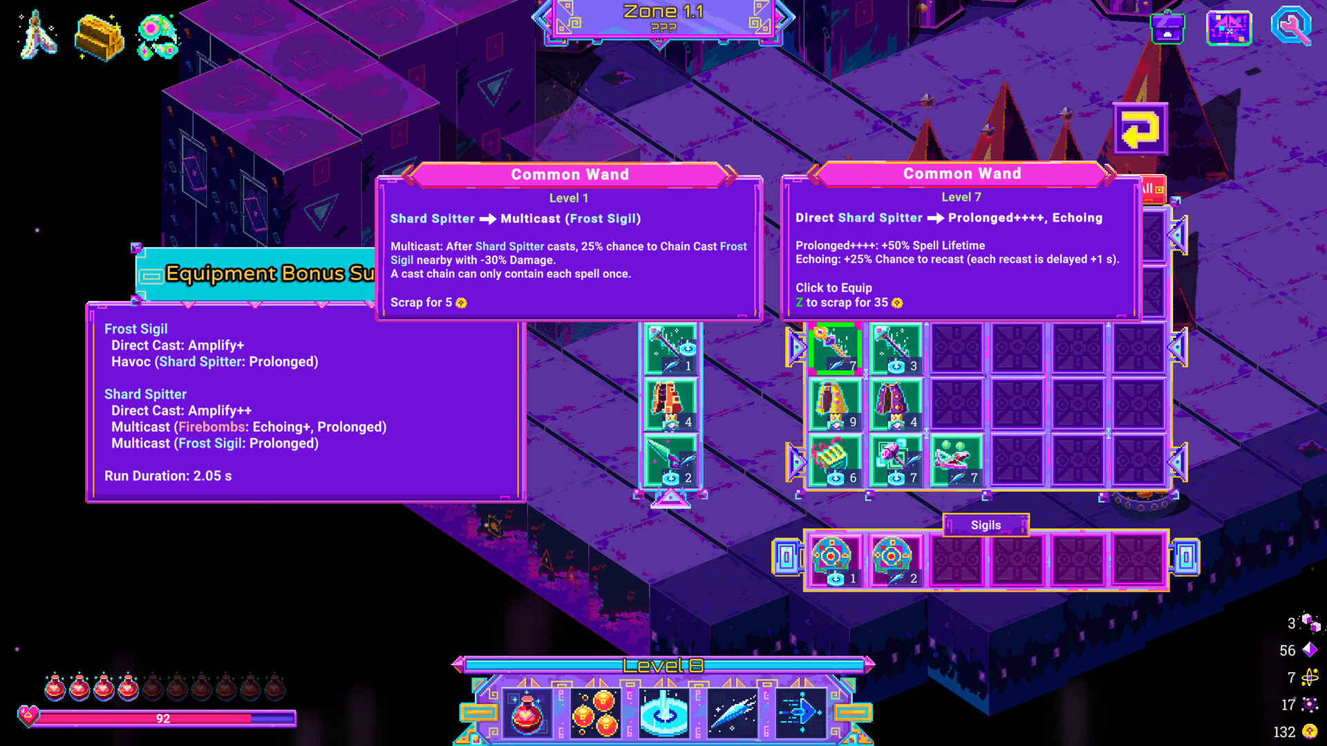 The image shows a vibrant, pixel-art style video game interface set in a purple, grid-based isometric environment labeled "Zone 1.1." The screen prominently features two detailed item description boxes for "Common Wand" at levels 1 and 7, highlighting various spell effects, such as "Shard Spitter," "Multicast (Frost Sigil)," "Prolonged++++," and "Echoing." Surrounding the descriptions are inventory grids displaying character equipment and abilities with bright, colorful icons, alongside health and resource bars at the bottom and several counters on the right side indicating collected in-game currencies or items. The overall aesthetic combines mystical and sci-fi elements with futuristic and magical iconography.