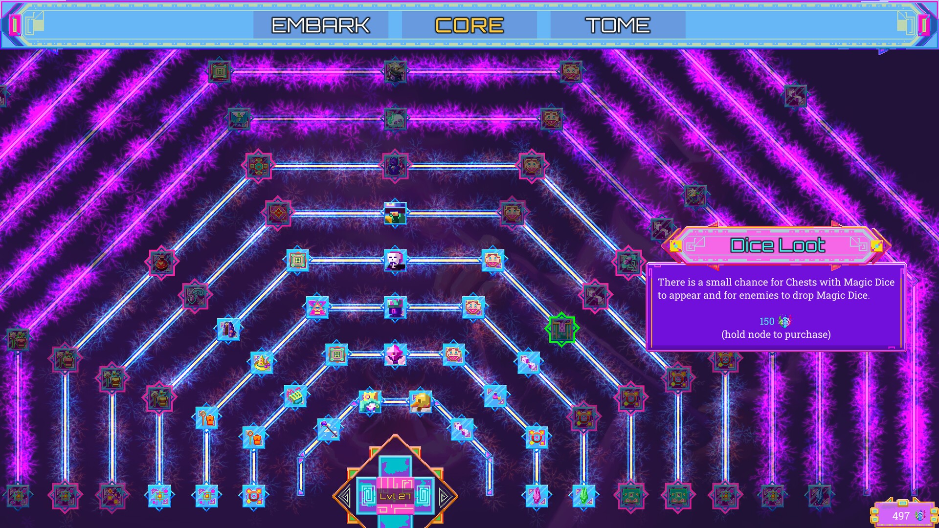 The image shows a colorful, neon-lit skill tree interface from a video game, with a hexagonal, layered structure. The skill paths are connected by glowing blue lines, and the nodes feature various icons representing different abilities or upgrades. The background is dark with vibrant purple electric patterns, creating a high-tech, futuristic look. At the top of the screen are three menu options labeled "EMBARK," "CORE" (highlighted in yellow), and "TOME." On the right side, there is a purple information box titled "Dice Loot," explaining that there is a small chance for chests with Magic Dice to appear and for enemies to drop Magic Dice, costing 150 points to purchase. The player's current points total is shown as 497 in the bottom right corner.