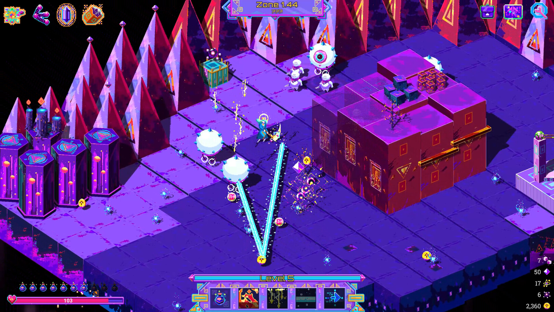 The image depicts a vibrant, futuristic isometric video game scene set in a purple and blue-hued environment with pyramid-shaped structures and a large cubic building adorned with geometric patterns. A character in the center, emitting bright light and energy beams, appears to be engaged in combat against various robotic or alien enemies, including floating eyeball-like creatures and spiked spherical robots. The interface around the screen displays health, level, and ability icons, indicating an action-packed gameplay moment within a zone labeled "Zone 1.44."