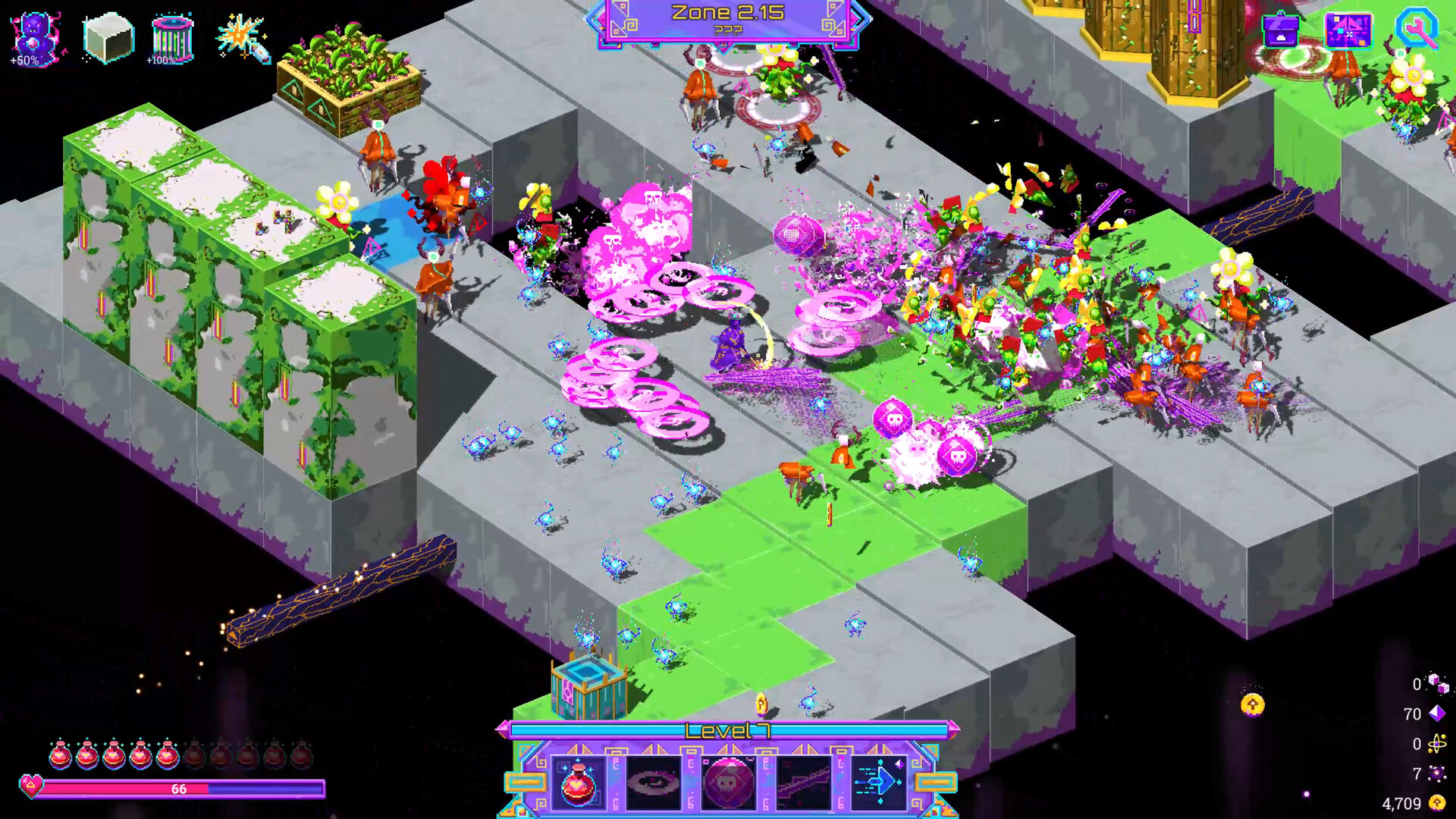 The image shows a colorful, isometric view of a video game level with a grid-based platform floating in space. Various characters, some in orange outfits and others more abstract or magical in appearance, are engaged in combat amid bright, swirling purple and pink magical effects and numerous small blue orbs scattered across the scene. The platform features patches of green grass and gray stone tiles, with some overgrown green and white blocks on the left side, and a game interface overlay at the bottom displaying health, level, and various icons. The top center of the screen indicates the player is in "Zone 2.15."
