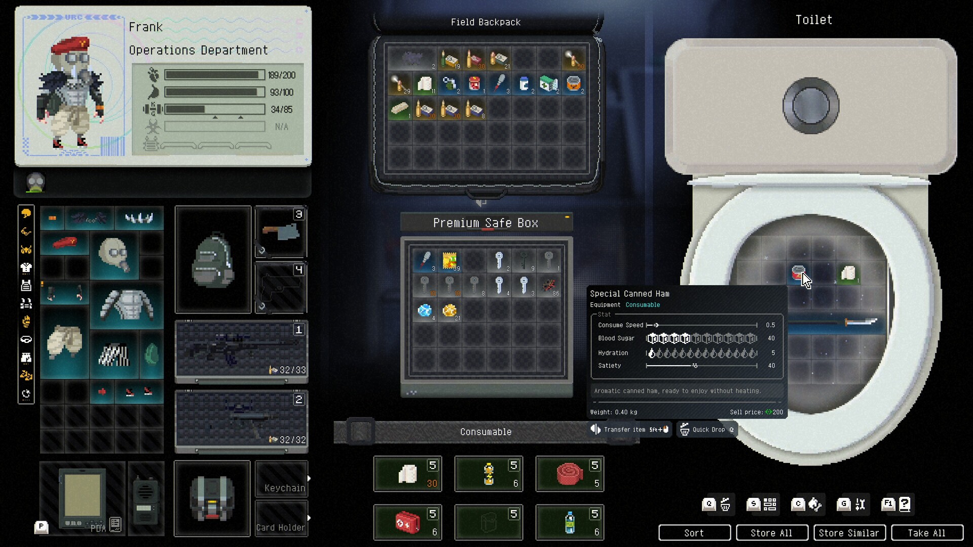 An agent's status screen and Field Backpack loadout carried into a run. Image: ChillyRoom.