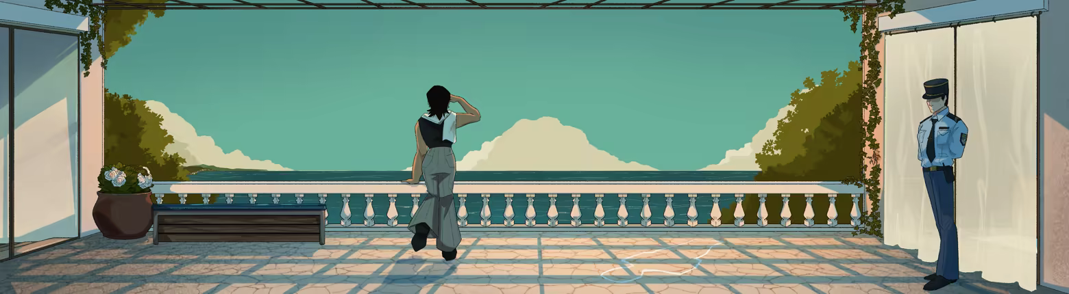 A background image of a white-tiled balcony overlooking the sea. A woman looks over the railing and a police officer guards a door to the right. The outline of a body is traced in chalk on the floor.