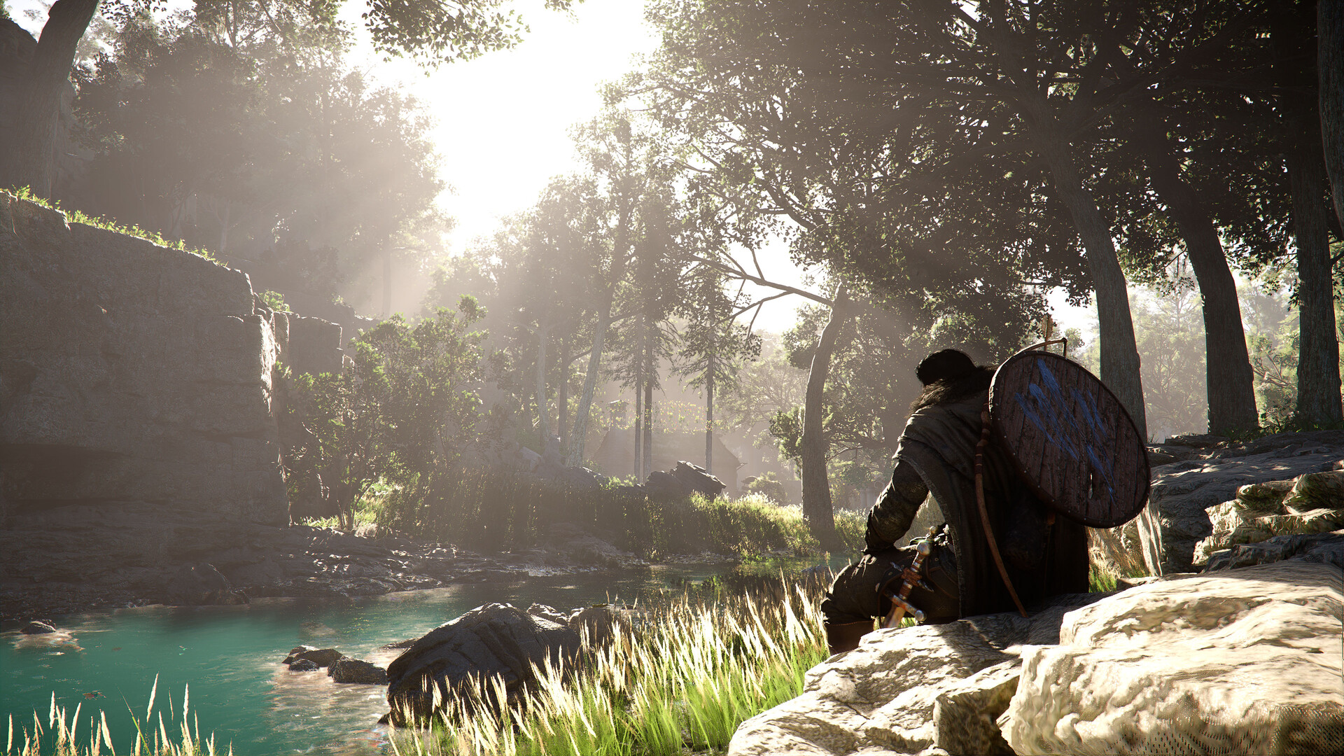 Crimson Desert gameplay image - player in a forest sat by a creek