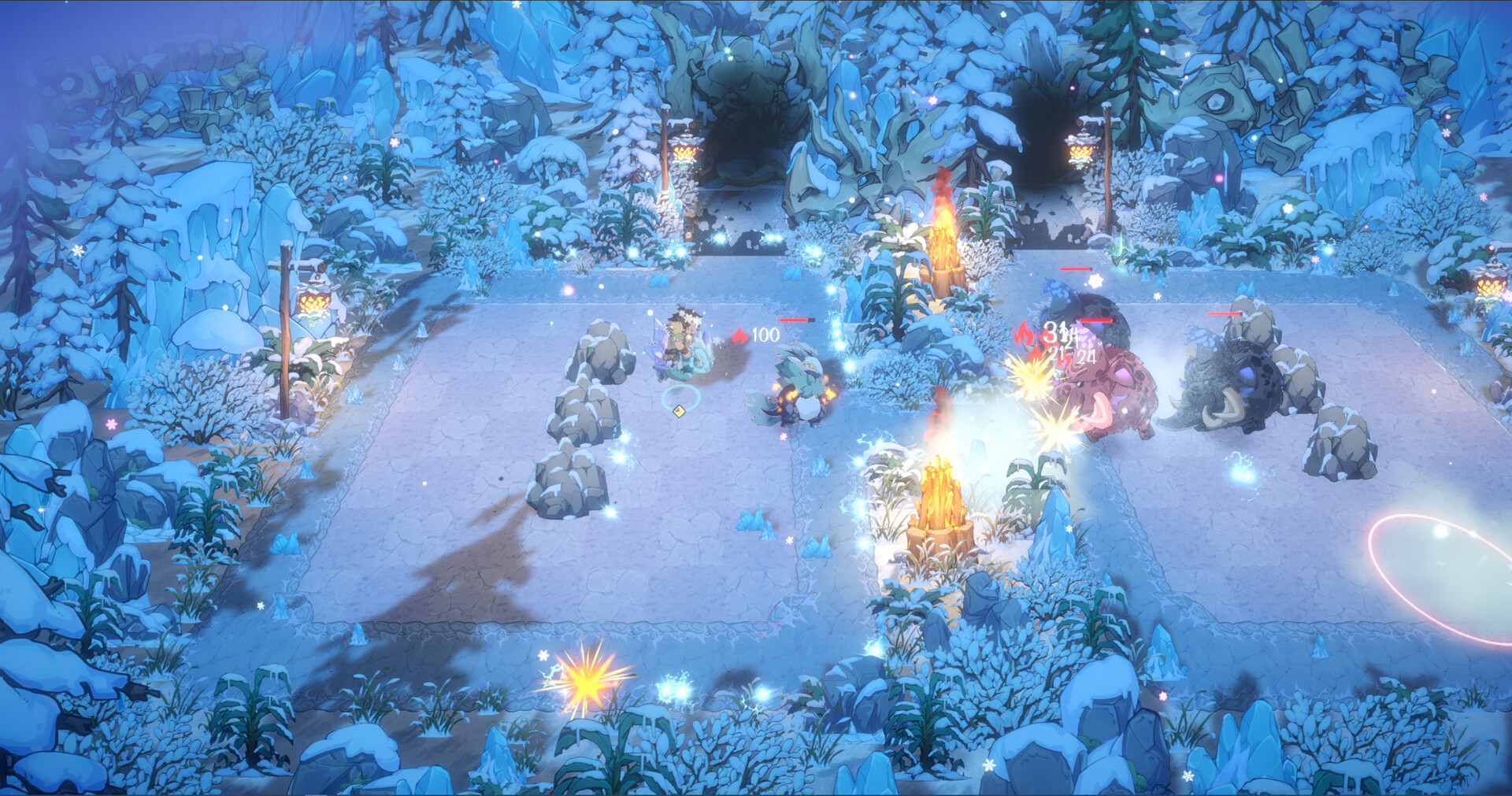 The image depicts a snowy, mystical battleground surrounded by dense, snow-covered trees and bushes, with icy rock formations scattered throughout the scene. In the center, a few fantastical creatures and characters are engaged in combat, with bright magical effects and fire emanating from some of them, indicating active attacks or spells. The area is lit by glowing lanterns and small bursts of light, creating an enchanted winter atmosphere, while two dark cave entrances can be seen in the background framed by large ice formations.