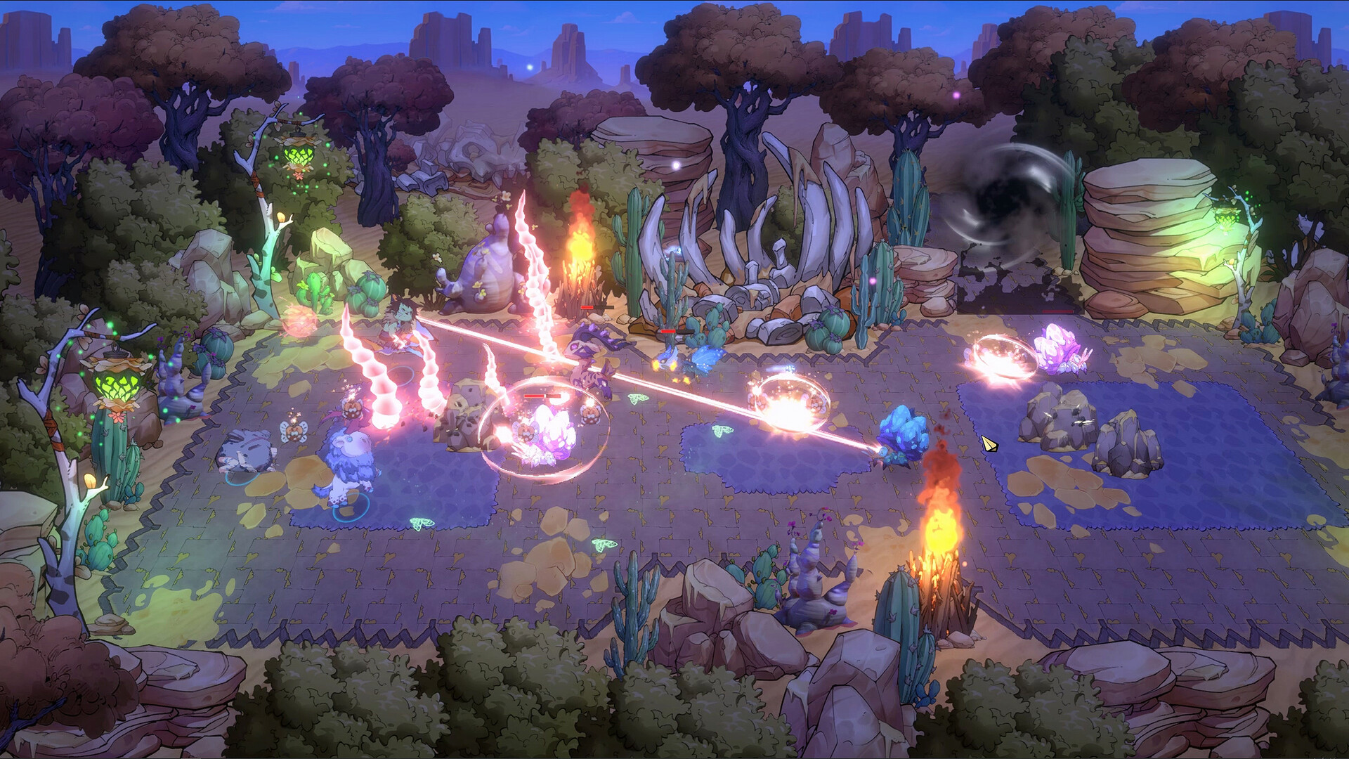 The image depicts a vibrant, fantasy-style battlefield set in a rocky, desert-like environment surrounded by dense clusters of trees with reddish-brown foliage and large stone formations. The ground is divided into patchwork areas of blue and tan tiles, with glowing magical effects, including swirling pink and red energy beams, fiery explosions, and protective circles emanating from several small, animated creatures engaged in combat. Various structures resembling giant bones and cacti dot the landscape, with lantern-like green lights hanging from tree branches, adding an otherworldly atmosphere to the scene.