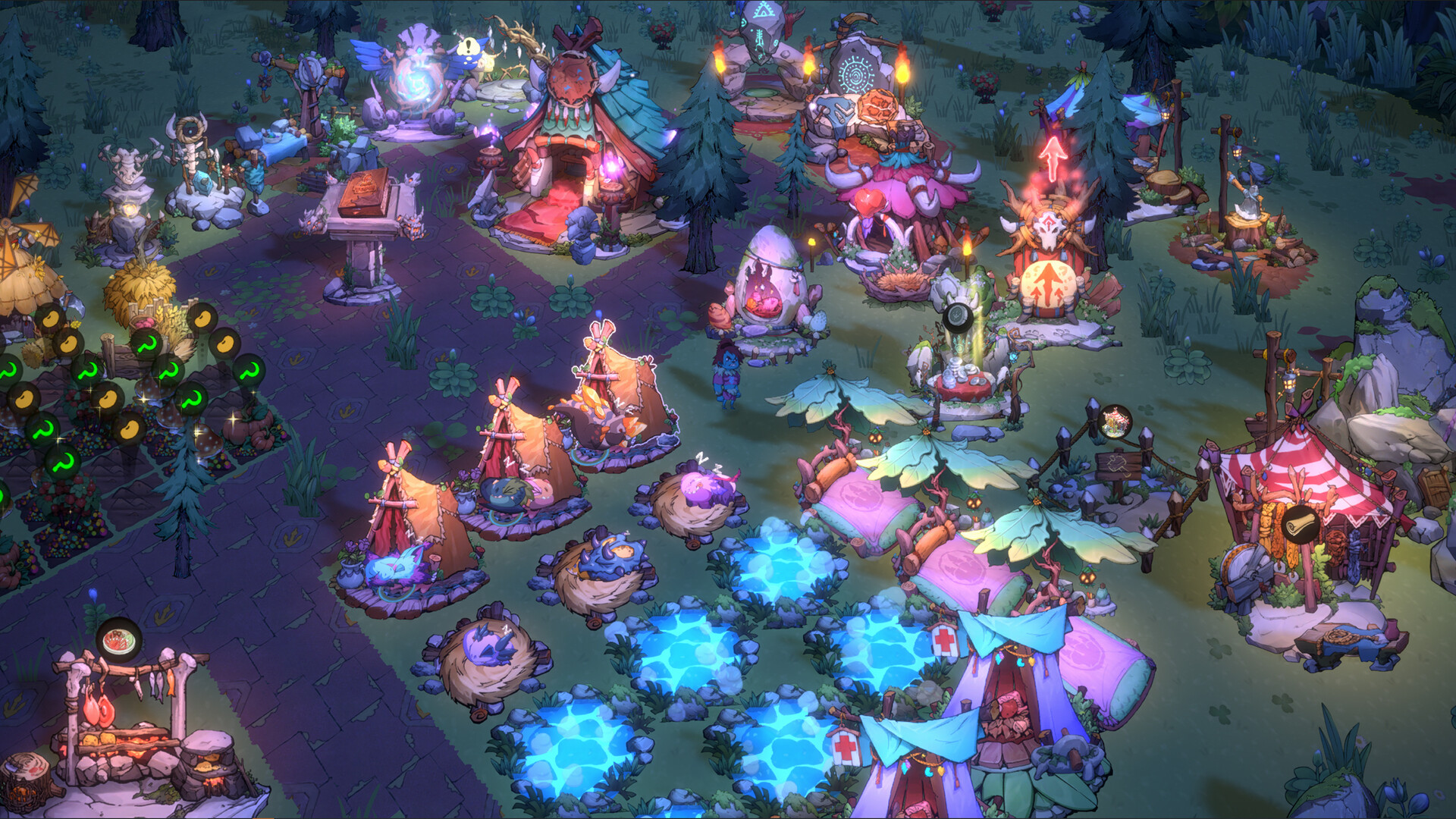 The image depicts a vibrant, fantasy-style village or camp set in a nighttime forest clearing, illuminated by soft glowing lights and magical blue pools. Various small structures, including tents, wooden huts, and decorated shrines, are arranged neatly with intricate details such as animal skulls, glowing runes, and colorful banners. Several small creatures or animals are resting in nests or on beds near the center, while a single humanoid character stands nearby, surrounded by lush greenery, stone pathways, and scattered decorative objects, creating a cozy and mystical atmosphere.
