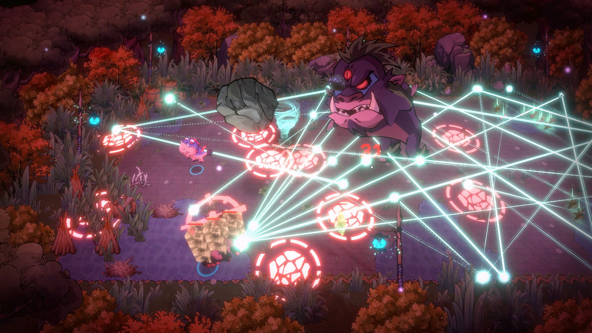 The image shows a vibrant, animated battle scene set in a forest clearing with reddish-orange trees and thick foliage. In the center, a large, menacing purple creature with one eye and sharp teeth is surrounded by glowing red circular symbols on the ground, connected by numerous bright blue beams of light crisscrossing the area. Smaller characters, including a pink creature and a turtle-like figure with a glowing orb, are positioned around the clearing, engaging with the large monster amidst the magical light effects.