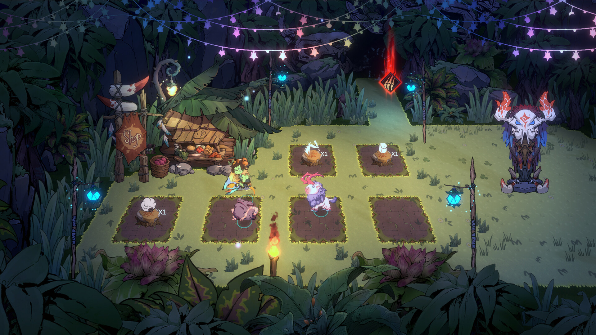 The image depicts a small, illuminated clearing in a dense jungle at night, decorated with hanging star-shaped string lights and glowing lanterns that cast a soft blue light. In the center, there is a grid of nine tilled soil patches, some with farm animals like a pig and a bird standing on them, while others contain various items such as pieces of food or tools labeled with x1. On the left side, there is a rustic wooden shop stall with baskets of produce and a sign reading Shop, accompanied by a character wearing a cape. To the right stands a large, ornamental structure resembling an animal skull with red markings and horns, adding a mystical element to the scene. The area is surrounded by thick jungle foliage and flowers, creating a cozy, fantasy farm atmosphere.