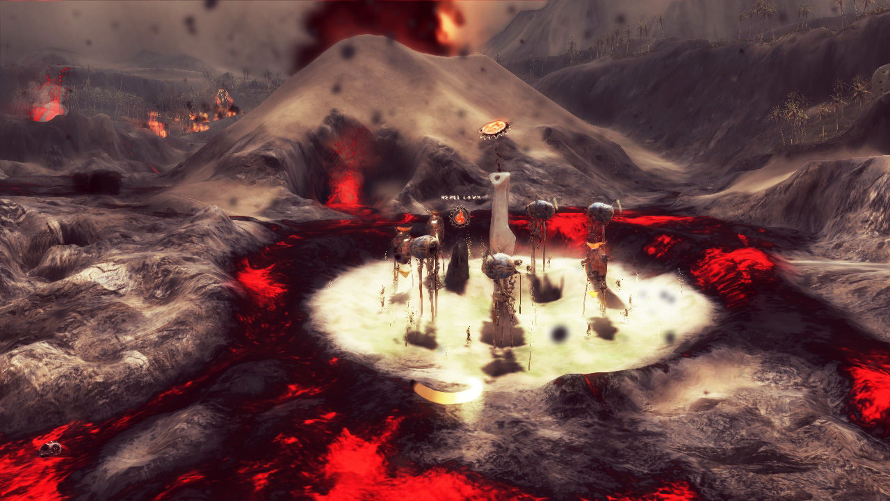 Capture d'écran du jeu From Dust. Une terre dévastée. Un volcan en arrière plan. De la lave s'écoule et épargne un village.