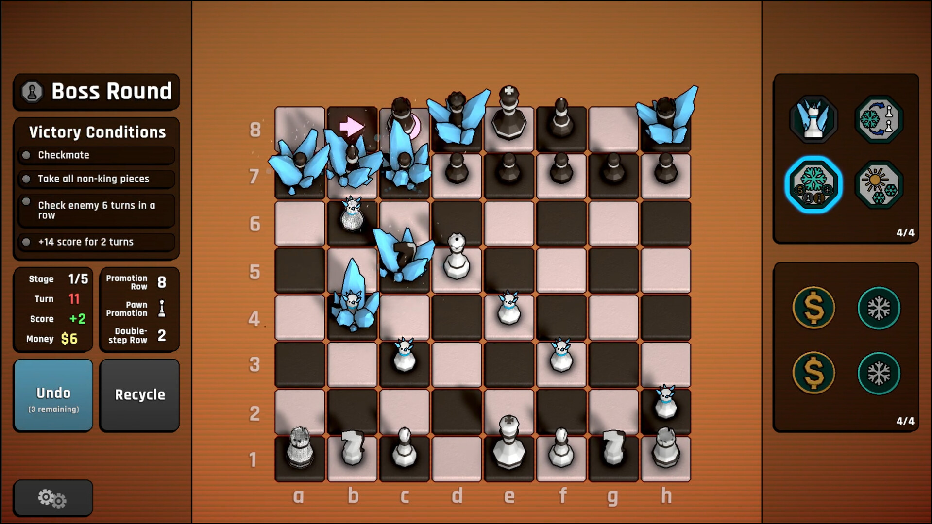 The image shows a digital chess game in progress on an 8x8 board with a brown and beige color scheme. The black pieces are adorned with large blue ice crystal-like decorations, making them appear frozen or enchanted, while the white pieces have a cleaner, more traditional look with some also featuring small icy accents. Various pieces are concentrated in the top-left quadrant of the board, suggesting an intense battle in that area. On the left side of the screen, a control panel displays "Boss Round" with victory conditions listed, including checkmate and capturing all non-king pieces, along with game statistics such as stage, turn, score, and money. The right side features icons representing special abilities or power-ups related to the icy theme. The overall scene conveys a strategic, fantasy-themed chess variant where players must meet specific objectives to win.