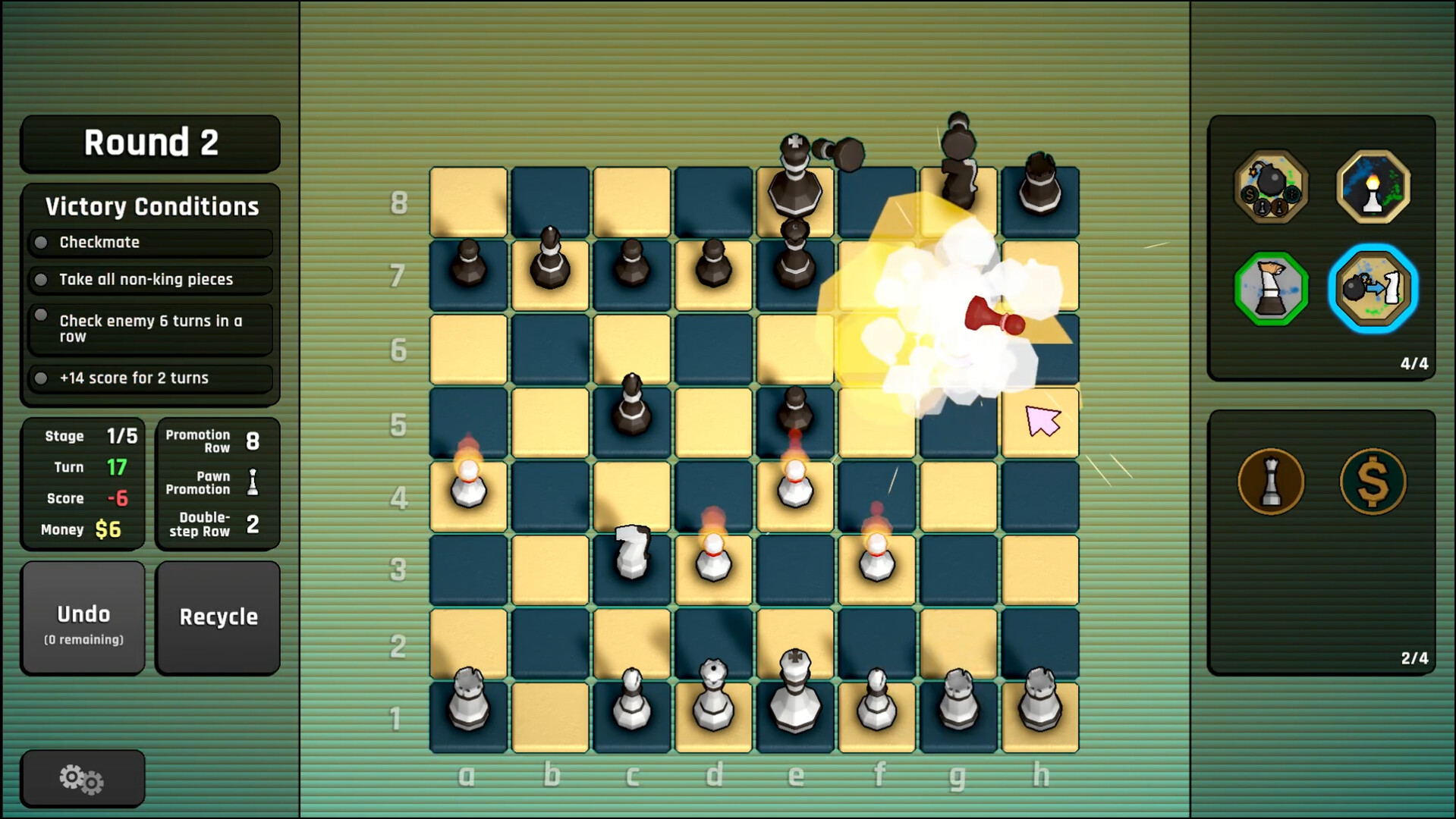 The image shows a digital chess game in progress on an 8x8 board with alternating dark blue and light yellow squares. A red pawn is being captured or exploded on the square h6, indicated by a bright white and yellow burst effect accompanied by smoke. Various chess pieces are positioned across the board, with white pieces at the bottom and black pieces at the top, and several icons, statistics, and game information panels are displayed on the sides, including victory conditions, turn count, score, and available moves or actions.