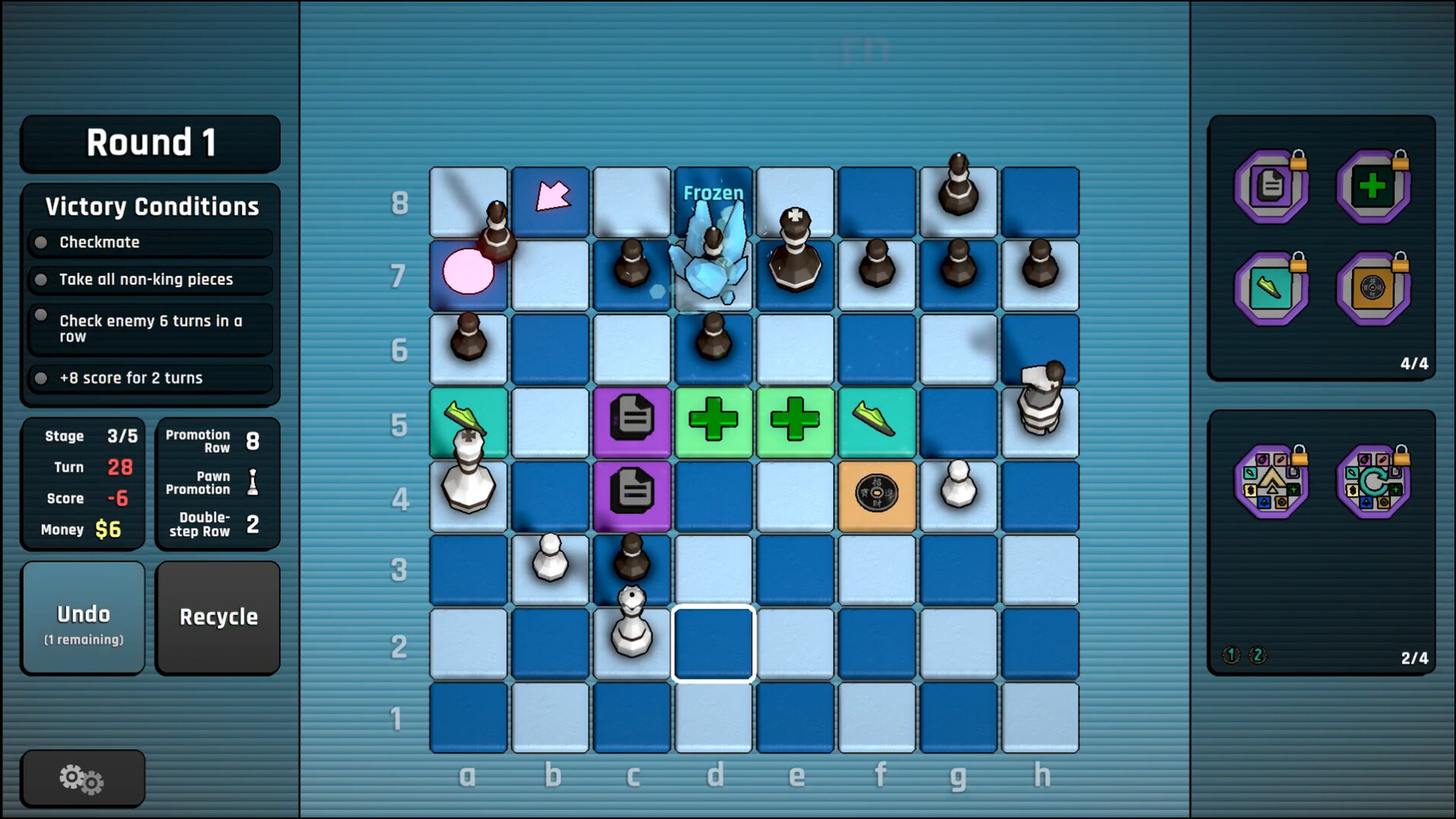 The image shows a digital chess game interface during Round 1 with a blue-toned chessboard and pieces positioned for an ongoing match. Several squares on the board are highlighted in different colors, such as green with plus signs and a dark blue square labeled "Frozen," indicating special game effects or statuses. On the left side of the screen, there is a panel listing victory conditions and game stats including stage, turn number, score, and money, along with buttons for "Undo" and "Recycle." On the right side, icons representing game abilities or power-ups are displayed, some of which are locked, providing additional strategic options.
