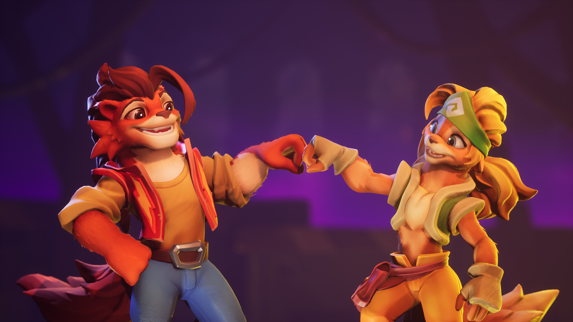 The image shows two anthropomorphic characters resembling foxes standing against a blurred purple background. The character on the left has red fur, a tuft of hair sweeping back, wears a yellow shirt with rolled-up sleeves, blue pants, and a red vest, and has one hand on their hip while smiling confidently. The character on the right has lighter orange fur, long hair tied back with a green headband, a sleeveless outfit with beige and green accents, and is smiling warmly as they both touch fists in a friendly gesture.